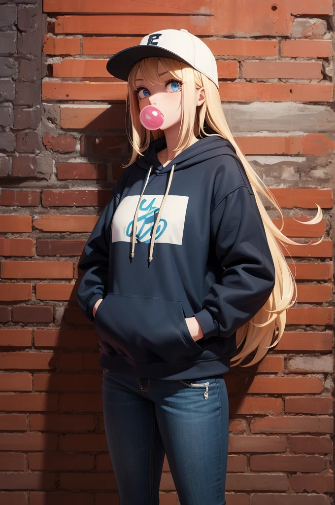 ultra high quality, high defition, masterpiece, 1girl, 17yo, street fashion, semi long hair, golden hair, shiny hair, (bubble up chewing gum:1.1), (many colored baseball cap), wearing hoodie, standing, hands in pocket, standing, graffitied brick wall,