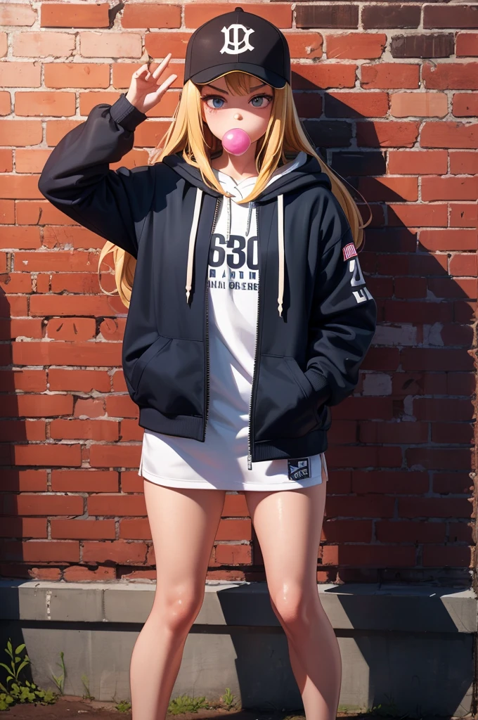 ultra high quality, high defition, masterpiece, 1girl, 17yo, street fashion, semi long hair, golden hair, shiny hair, (bubble up chewing gum:1.1), (many colored baseball cap), wearing hoodie, standing, hands in pocket, standing, graffitied brick wall,