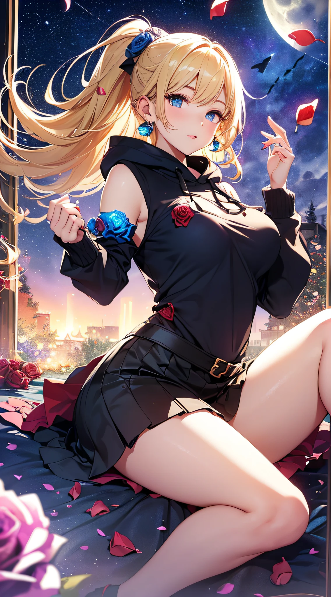 top-quality、Top image quality、​masterpiece、girl with((18year old、Best Bust、big bast,Beautiful blue eyes、Breasts wide open, Blonde ponytail、A slender,Large valleys、Black hoodie、Red and black skirt、Sleeveless、Ruby Earrings、Sit up、posterior view)）hiquality、Beautiful Art、Background with((Full Moon Night、dancing rose petals、Beautiful night sky、blue rose meadow)))、,masutepiece、visualart、depth of fields、