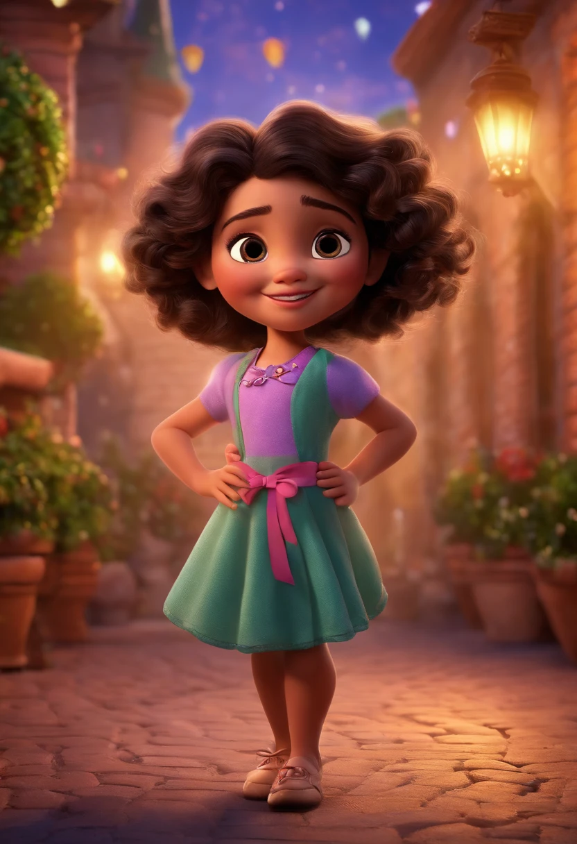 Pixar style image with 3D character lilac glasses 5 year old girl with bow autism symbol brunette black curly hair dancing family from the movie charm background image from the movie charm, Maquiagem Disney, Pescador, bonitinho, sorridente, charming movie family, Close-up, Pixar, Disney, Cinema lighting