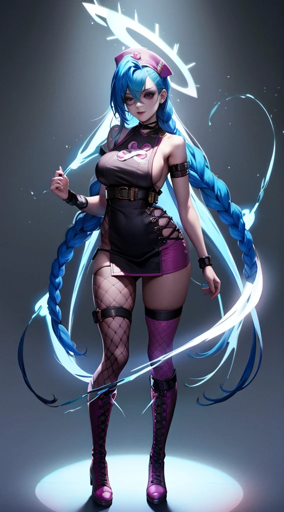 League of Legends ，Jinx nurse，White nurse costume，Rose tattoo，big laughter，((kneehigh boots)),(fishnet leggings),(standing on your feet)，Blue twist braid，de cuerpo completo，The background is dark and tough，There is a sense of danger and intensity。Adds to the overall drama and excitement。The color palette is dominated by dark colors，Dotted with bright colors