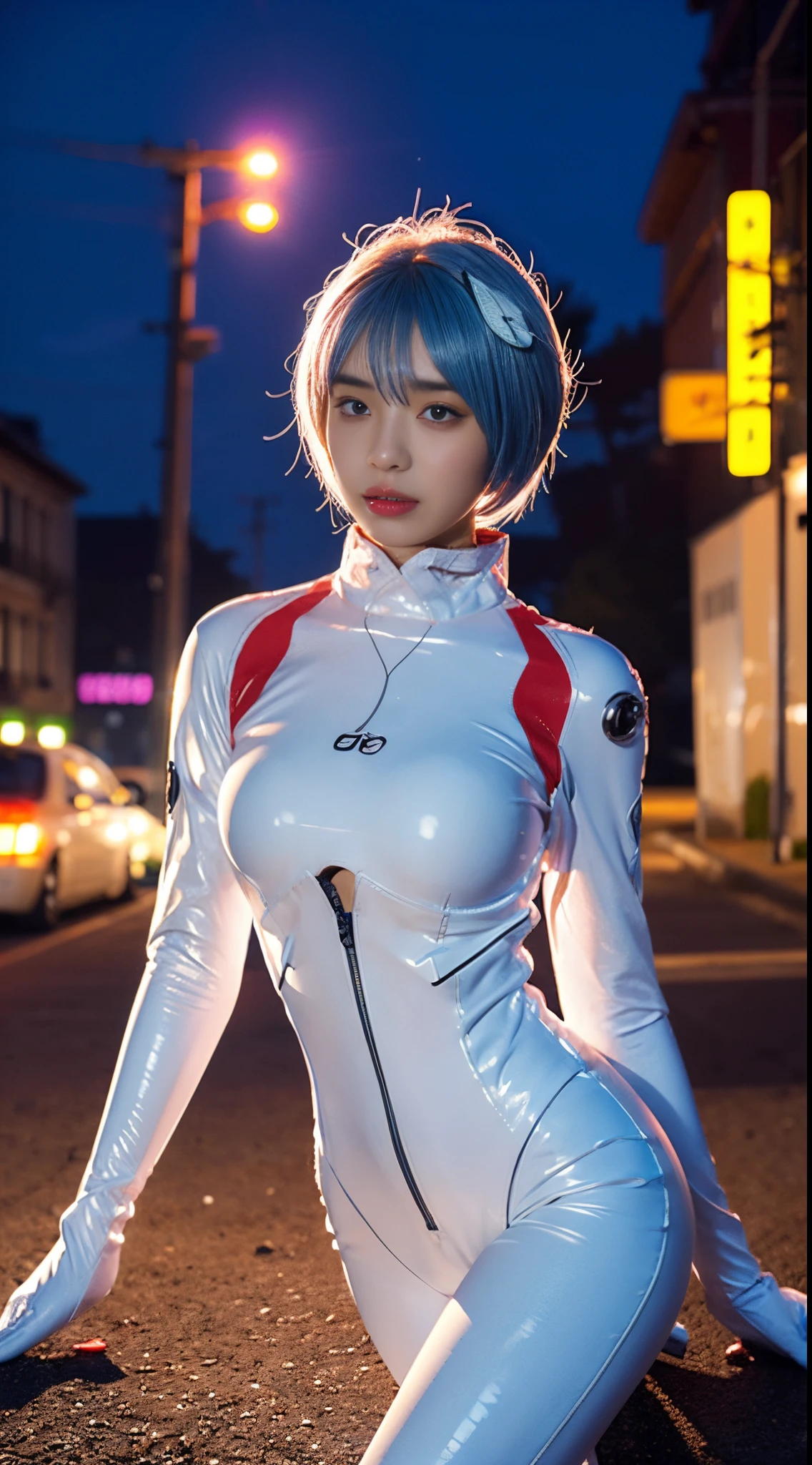 (Realistic, Photorealistic), Ayanami_wang, 1girl in, Blue short hair, white hair ornament, ((White bodysuit, gloves)), thighs thighs thighs thighs, (Full body), Sitting on the ground, (Cowboy Shot),(masutepiece, High quality, Best Quality), (Colorful),(Delicate eyes and face), volumatic light, Ray tracing, the Extremely Detailed CG Unity 8K Wallpapers,Solo((flying petal)),Outdoors, ((Cyberpunk)), Cyber City, ((neon trim)), Night,(Cityscape),