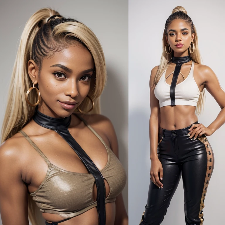 A very attractive brown skin woman ((perfect brown skin)) wearing trendy y2k style pants with side cut out ((black side cut out pants and stiped tank )) she is very beautiful with a petite figure, ((big brown eyes)) in style of trendy fashion for girls, she has hoop earings, lifelike skin texture ((detailed pupils)) a perfect face shape, ((Hyper-realistic))) ((detailed skin)) she has blonde white hair in the style of ((brown girls with blonde hair)), she is standing in a luxury white background , happy face ((warm smile)) UHD, RAW photo, 8K, a Masterpiece ((ines c dos santos )