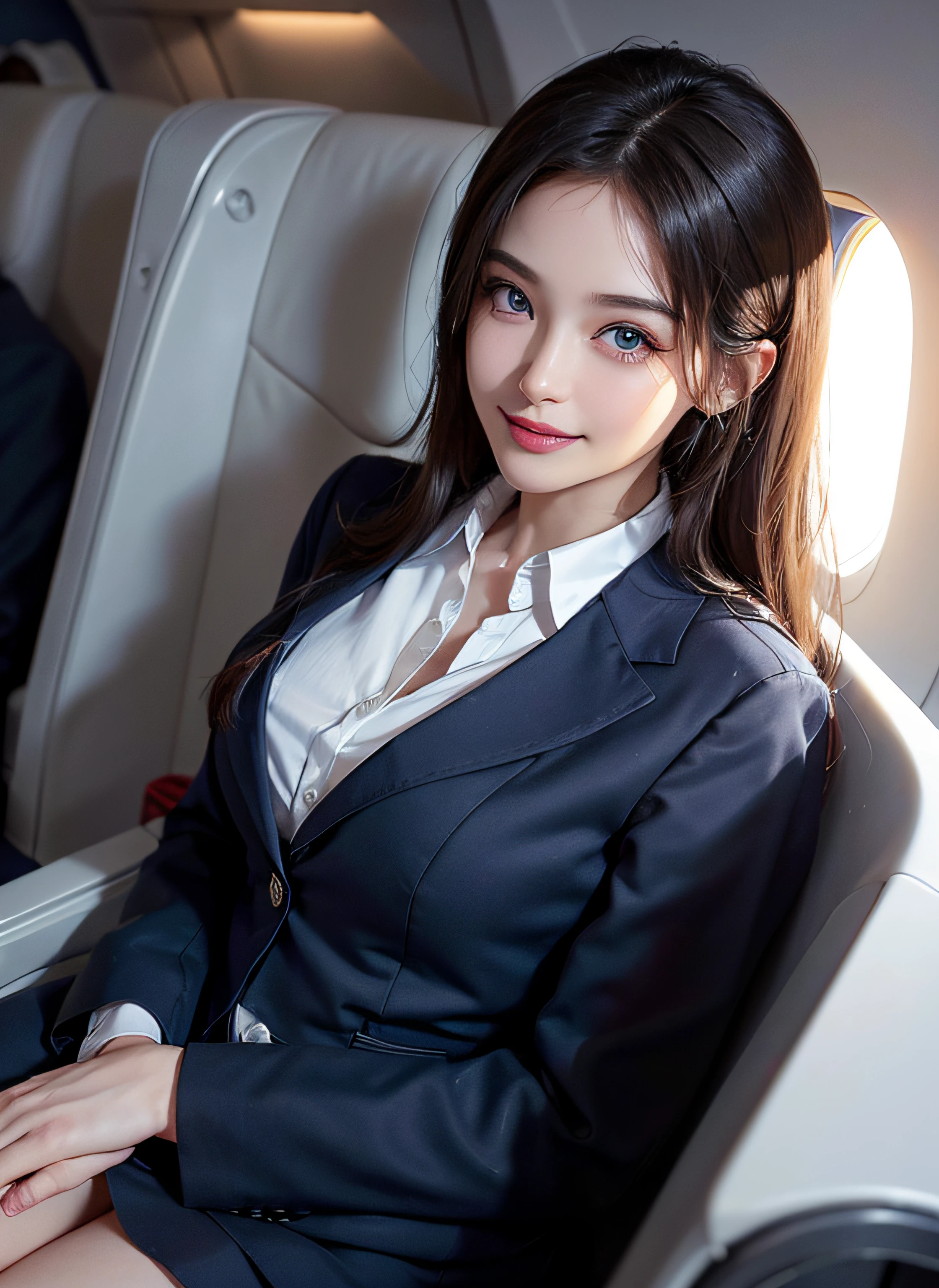 (8K high image quality), (top-quality), (RAW image quality),(masutepiece:1.2), (Realistic), (Photorealistic:1.37), Crystal Blue Eyes,,long eyelasher,（Live-action realistic style）,The Ultimate Face,Photorealistic light and shadow,Clear facial features,,Fair skin, ）,(The Ultimate Face,Extraordinary beauty),Best portraits, 1- Korean Girls,Beautiful detailed eyes,highlydetailed skin,(Beautiful face with double eyelids), (Realism: 1.4),((3/4 Length Shooting)) ,delicate and beautiful face,,Female about 20 years old,(Beautiful Face 1.4),moderate hair length,(lipsticks,Lame around the eyes,earring beautiful),((Shot inside a white airplane)),(Sitting in an airplane seat),(Flight attendant uniforms)),,(Flight attendants in uniform),Shoot head-on,,Close-range shooting,,(((show your smile to the audience))),Lightly dressed flight attendants,,((Show panties)),Show your panties to your audience,I'm wearing black panties,(Smile without opening your mouth),The very bright interior of the plane is a very bright space..,The lighting inside the plane is very bright..,(You are smiling),Make eye contact with your audience,Bra flickering,,(Show me your armpits)