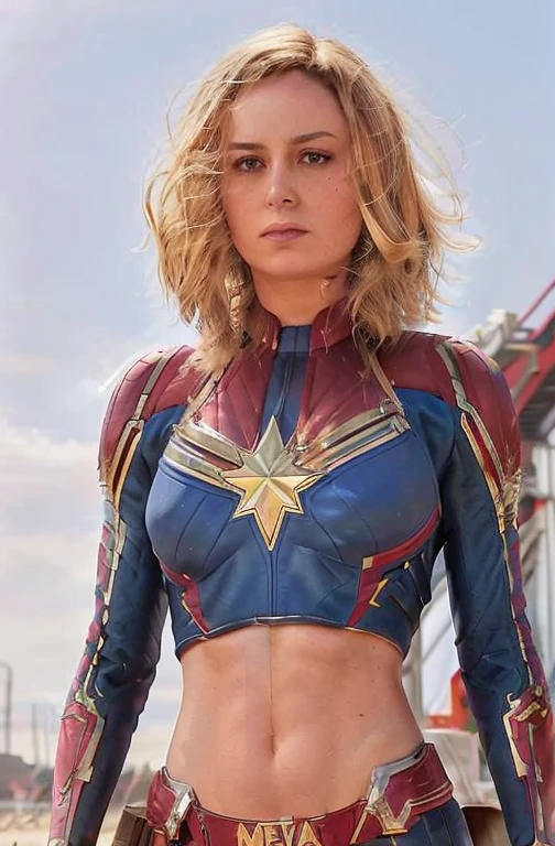 paparazzi shot of SCANTILY CLAD (Brie Larson) ((braless)), medium hair, full body portrait, wearing captain marvel outfit, sexy, cleavage, breasts showing