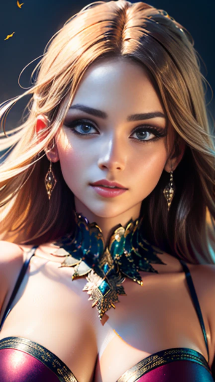 beautiful portrait of a woman, (8K, hight resolution, extra high resolution, High quality image, ultra realisic, beste-Qualit, tmasterpiece: 1.2), Detailed eyes and face, long eyelashes, rosy cheeks, Soft & Flawless Skin, Exquisite make-up, hair fluttering in the wind,Feminine facial features,jaw dropping beauty,Focused gaze,Graceful posture,Colorful and bright background,professional studio lighting,Photorealistic visualization,precise and intricate details,Impeccable craftsmanship,Creative composition,bright colours,subtle and balanced color tones,soft and diffuse lighting, Depth and dimension, artistic mixture of realism and fantasy.