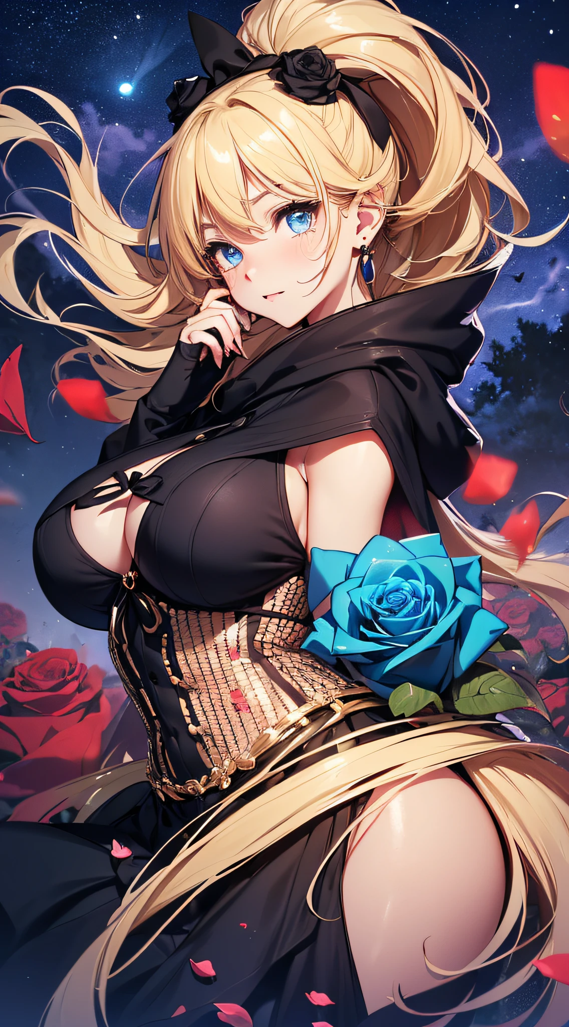 top-quality、Top image quality、masterpiece、girl with((18year old、Best Bust、big bast,Beautiful blue eyes、Breasts wide open, Blonde ponytail、A slender,Large valleys、Black hoodie、Red and black skirt、Sleeveless、Ruby Earrings,))hiquality、Beautiful Art、Background with((Full Moon Night、dancing rose petals、Beautiful night sky、blue rose meadow)))、,masutepiece、visualart、depth of fields、