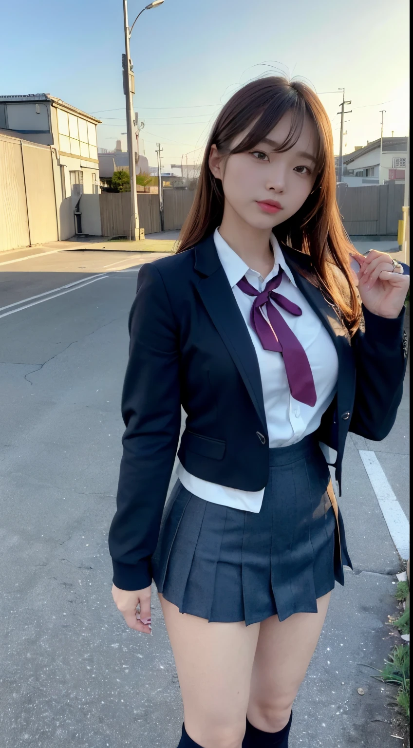 mix4, (16 K, Raw photography, Top image quality, ​masterpiece: 1.45), (realisitic, Photorealsitic: 1.37), Tall Girl, cute little, A city scape,, profetional lighting, photon maping, school classrooms, physically-based renderingt, dark brown  hair,pony tail hairstyle, Well-groomed and beautiful eyes、((二重まぶた))、Transcendent Cute Girl, (((student clothes、blazers、Long sleeve shirt worn by Japan high school girl、Ribbon Ties、Dark blue mini skirt,、Dark blue socks、Black loafers))), Top Quality Photos, hight resolution, 1080p, (clearface), (Detailed face description), (Detailed hand description), (​masterpiece), (Exquisite CG)、extreme light and shadows、dishevled hair、master work、abundant detail、(Fine facial features)、(top quality photo)、(masuter piece)、(A detailed eye)、Look in front of you、Fine clavicle、((Slender big))、(((Japan schoolgirls wear jackets and long-sleeved shirts)))、((Neat and clean idol))、((School Gate、school ground、School building in the background))、(Shooting from random perspectives)、(((cute like an idol)))、耳Nipple Ring、A big smile、Drawing the whole body from the knees、Do not draw nasolabial folds、(((Sports bags used by Japan schoolgirls)))、(Big breasts that hang down big:1.2)、Big buttocks with tension、Two arms and two legs、(((from the front side:0.7)))、bare hand、(((Left and right symmetrical eyes)))、Standing Pose、Put your hands on your desk、Do not take the tie out of the jacket、Raise your buttocks:1.5，barebacked:1.5，