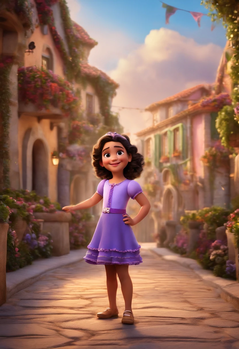 Pixar style image with 3D character lilac glasses 5 year old girl with bow autism symbol brunette black curly hair dancing family from the movie charm background image from the movie charm, Disney makeup, Fisherman, cute, smiling, family from the movie charm, Close-up , Pixar, Disney, Cinema lighting