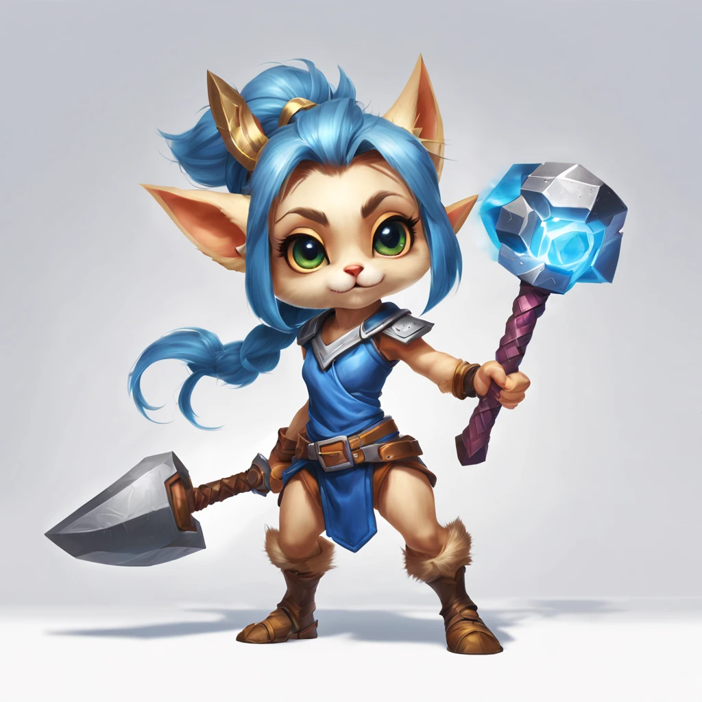 determined，female yordle，blue topknot,With legendary hammer，The handle of the hammer stands taller than her，Take a shield。white backgrounid，