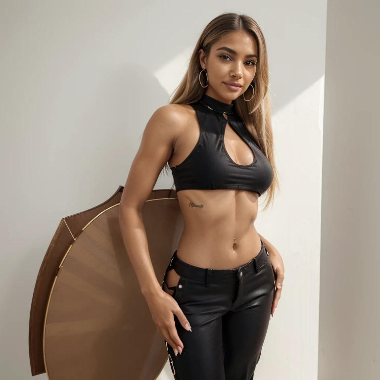 A very attractive brown skin woman ((perfect brown skin)) wearing trendy y2k style pants with side cut out ((black side cut out pants and stiped tank )) she is very beautiful with a petite figure, ((big brown eyes)) in style of trendy fashion for girls, she has hoop earings, lifelike skin texture ((detailed pupils)) a perfect face shape, ((Hyper-realistic))) ((detailed skin)) she has blonde white hair in the style of ((brown girls with blonde hair)), she is standing in a luxury white background , happy face ((warm smile)) UHD, RAW photo, 8K, a Masterpiece ((ines c dos santos )