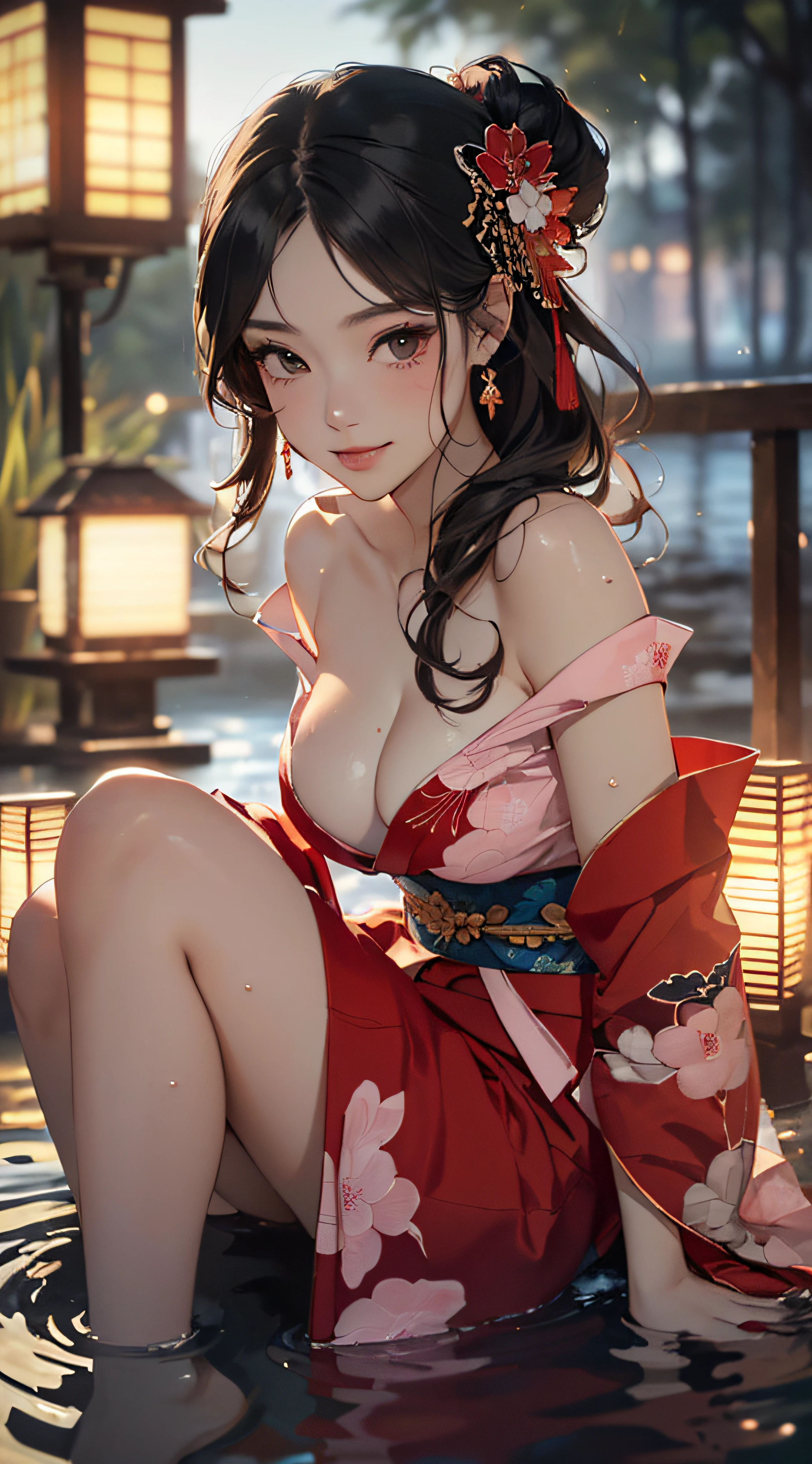 (((8k wallpaper of extremely detailed CG unit, masterpiece, 超A high resolution:1.2, top-quality:1.2, masutepiece))), ((extremely beautiful lady, plein air, natta:1.3, lantern, lying in the water, seductively smiling, Highly detailed hands)), ((extra detailed face, Highly detailed black eyes, extra detailed body, Top quality real texture skins)), ((A dark-haired, de pele branca, Small:1.3, Sexy black and red kimono:1.2, off shoulders, Light pink eyeshadow)), ((Exposed cleavage, exposed shoulder, Exposed belly, Exposed legs)), Water surface reflection, Low perspective, hyper realisitic, digitial painting,
