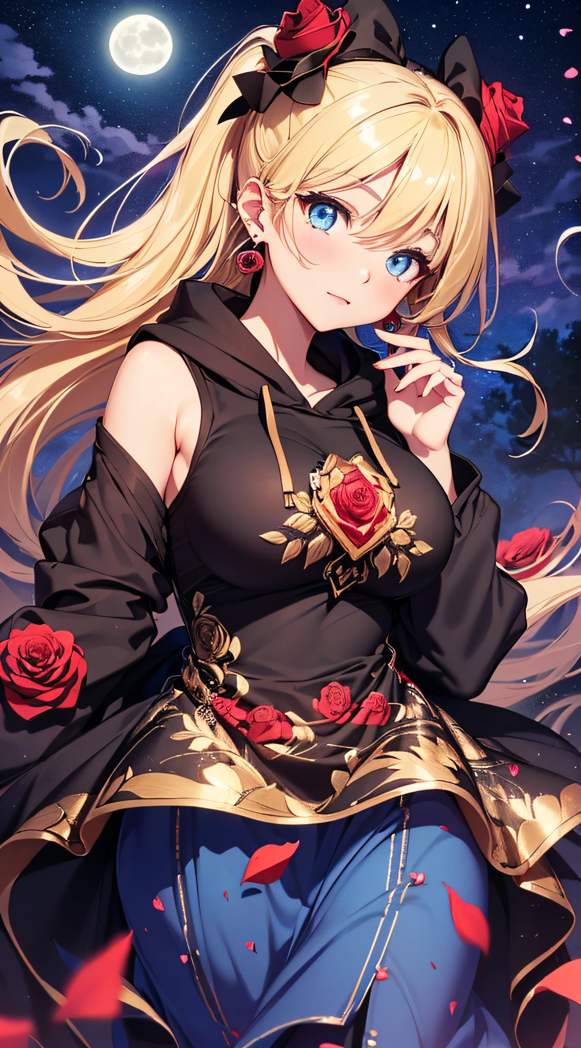 top-quality、Top image quality、masterpiece、girl with((18year old、Best Bust、big bast,Beautiful blue eyes、Breasts wide open, Blonde ponytail、A slender,Large valleys、Black hoodie、Red and black skirt、Sleeveless、Ruby Earrings,))hiquality、Beautiful Art、Background with((Full Moon Night、dancing rose petals、Beautiful night sky、blue rose meadow)))、,masutepiece、visualart、depth of fields、