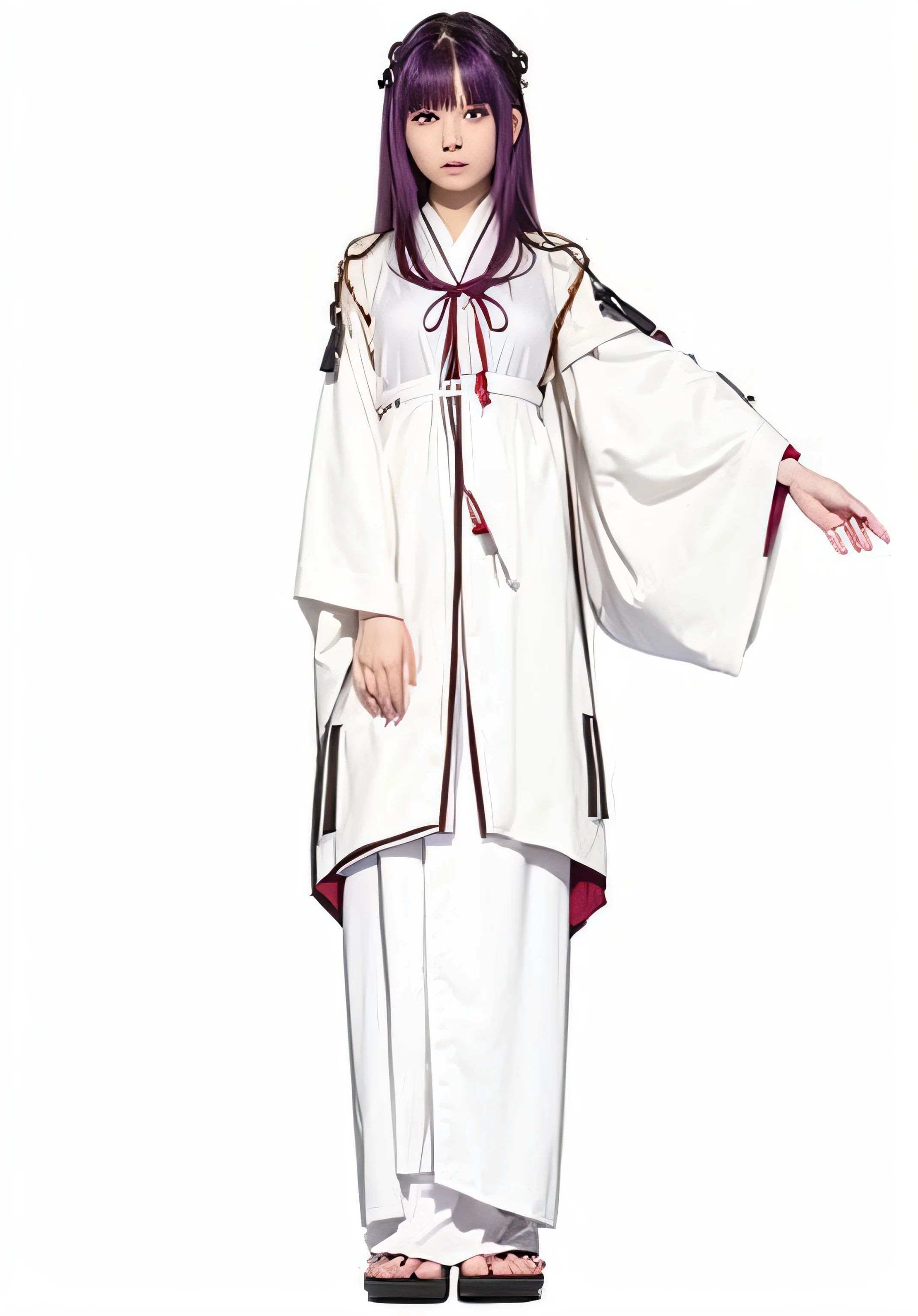 girl in a white kimono and a red shoelace tie, golden eyes, long dark purple hair which is tied loosely and also has some distinctive horn-like locks, ((wearing aristocrat robe)), full body white purple cloak, flowing white robes