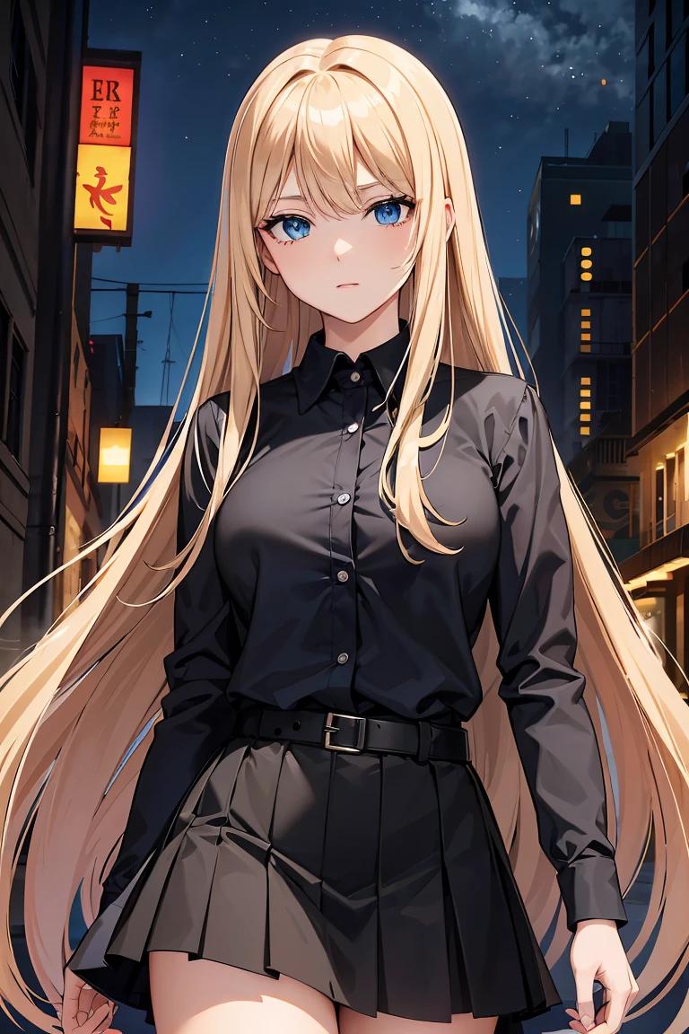 masterpiece:1.2, best quality, ((ultra detailed)), high resolution, 2d, anime style , photo, photography, detailed background, ((very long hair,bronde hair, straight hair,medium breasts)) BREAK solo,(droopy eyes:1.3),20 years old, (sexy girl,tall face, tall female)), ((blue eyes;1.2 )), BREAK cowboy shot,((black shirt)),button shirt,medium skirt,black skirt,walking BREAK night city,street,city light,black shirt