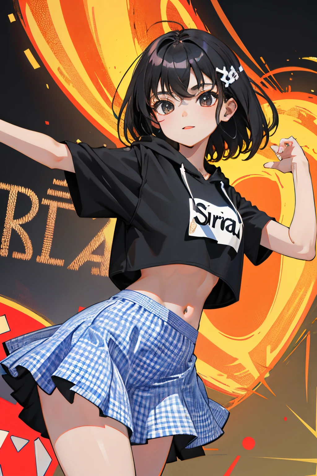 Dancing，()，（​masterpiece，Highest Quality），Crop Top Look，Short sleeve hoodie，(Gingham check miniskirt)，A dark-haired，intersection