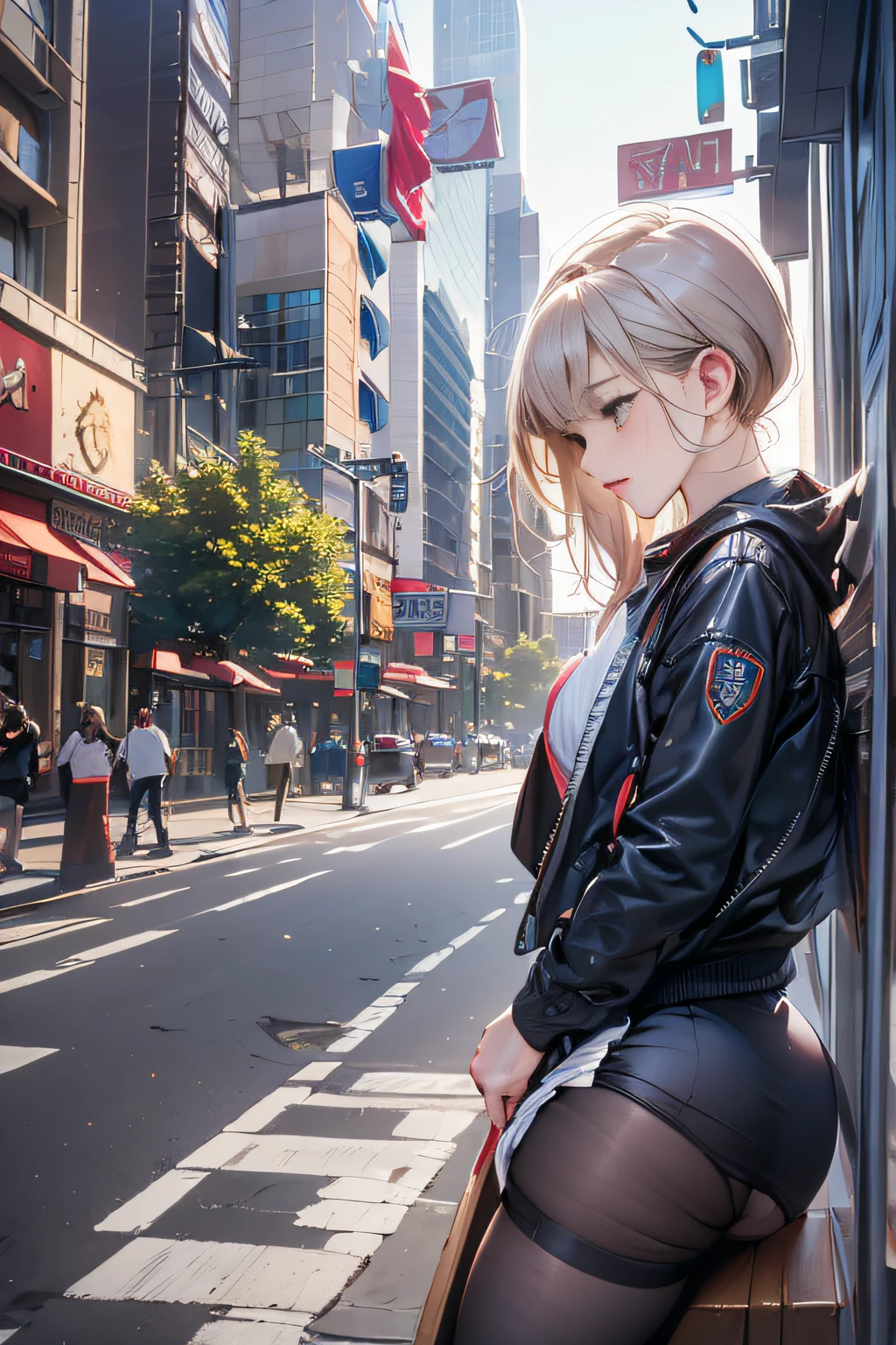(longshot, looking away, shift off center, draw the face precisely, cinematic perspective), 1woman is standing, (((straddling to hook her butt against the bench on the street for masturbate))), (orgasm face), (wearing jacket or dress), (underwear is visible through clothes), ( face), small breast, (open her legs), skyscrapers, plants, tight skirt, sticks out her hip, (some monitors), in front of some store, outside,