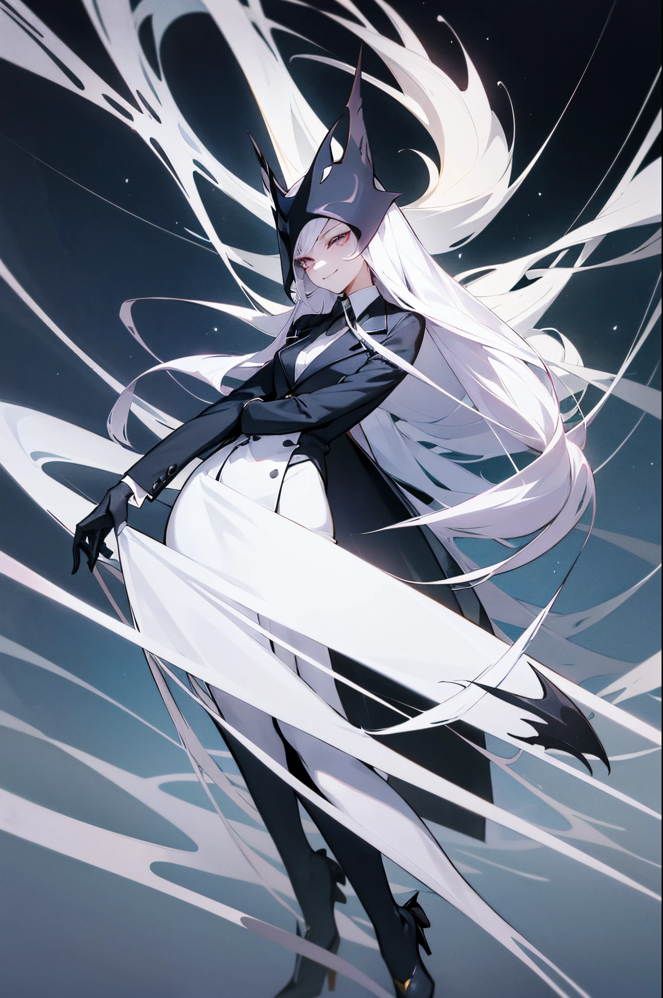 a cartoon drawing of a woman in a suit and tie, vampire white fox, sil from species, nefarious smirk, glamorous angewoman digimon, in style of cytus and deemo, villain pose, sona is a slender, silver eyes full body, spider gwen, official character art, villainess, menacing pose, hornet from hollow knight, spider-gwen