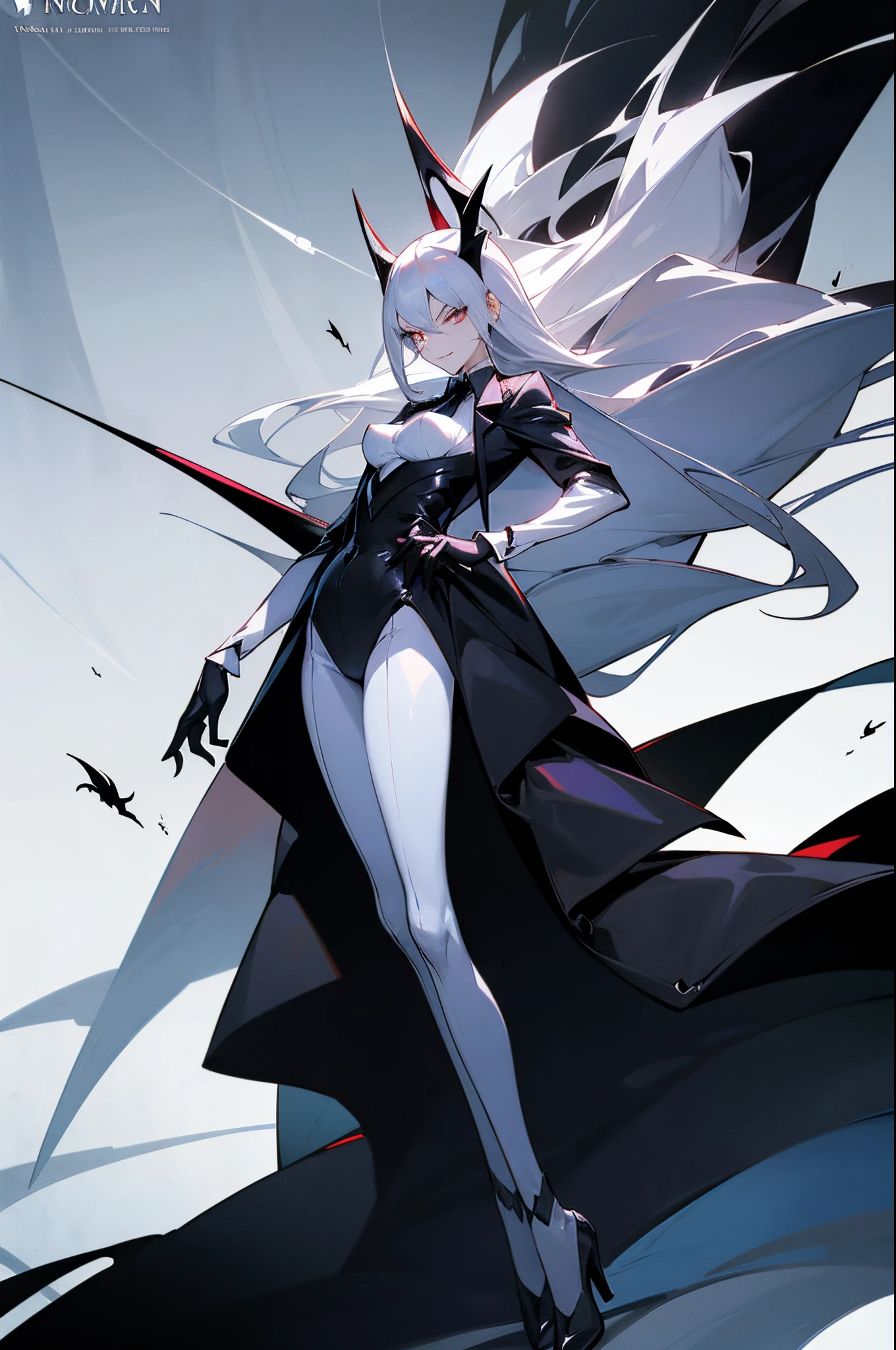 a cartoon drawing of a woman in a suit and tie, vampire white fox, sil from species, nefarious smirk, glamorous angewoman digimon, in style of cytus and deemo, villain pose, sona is a slender, silver eyes full body, spider gwen, official character art, villainess, menacing pose, hornet from hollow knight, spider-gwen
