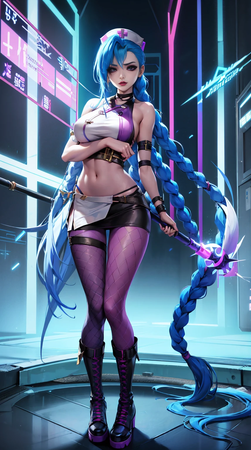 League of Legends ,Jinx nurse,White nurse costume,Blue twist braid,With a huge needle,The needle stands taller than a person。Runaway Lori,de cuerpo completo,(kneehigh boots)),purpleish color,(fishnet leggings),(standing on your feet),The background is dark and tough,There is a sense of danger and intensity。