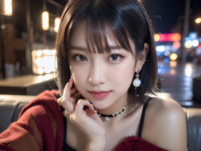 Pilyeon, Solo, 1girl in, Black nails, Jewelry, Short hair, Looking at Viewer, Choker, Necklace, hand on own face, Piercing, White background, heart mark, Closed mouth, grey eyes, nail polish, Simple background, Grey Hair, ear piercings, Black Choker, Smile, Eyelashes, Lips, hands on own cheeks, Bangs, 手链, bead, Pedras preciosas, earrings, Fingernails