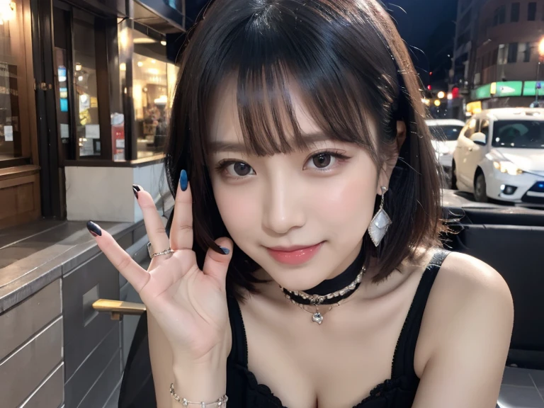 Pilyeon, Solo, 1girl in, Black nails, Jewelry, Short hair, Looking at Viewer, Choker, Necklace, hand on own face, Piercing, White background, heart mark, Closed mouth, grey eyes, nail polish, Simple background, Grey Hair, ear piercings, Black Choker, Smile, Eyelashes, Lips, hands on own cheeks, Bangs, 手链, bead, Pedras preciosas, earrings, Fingernails