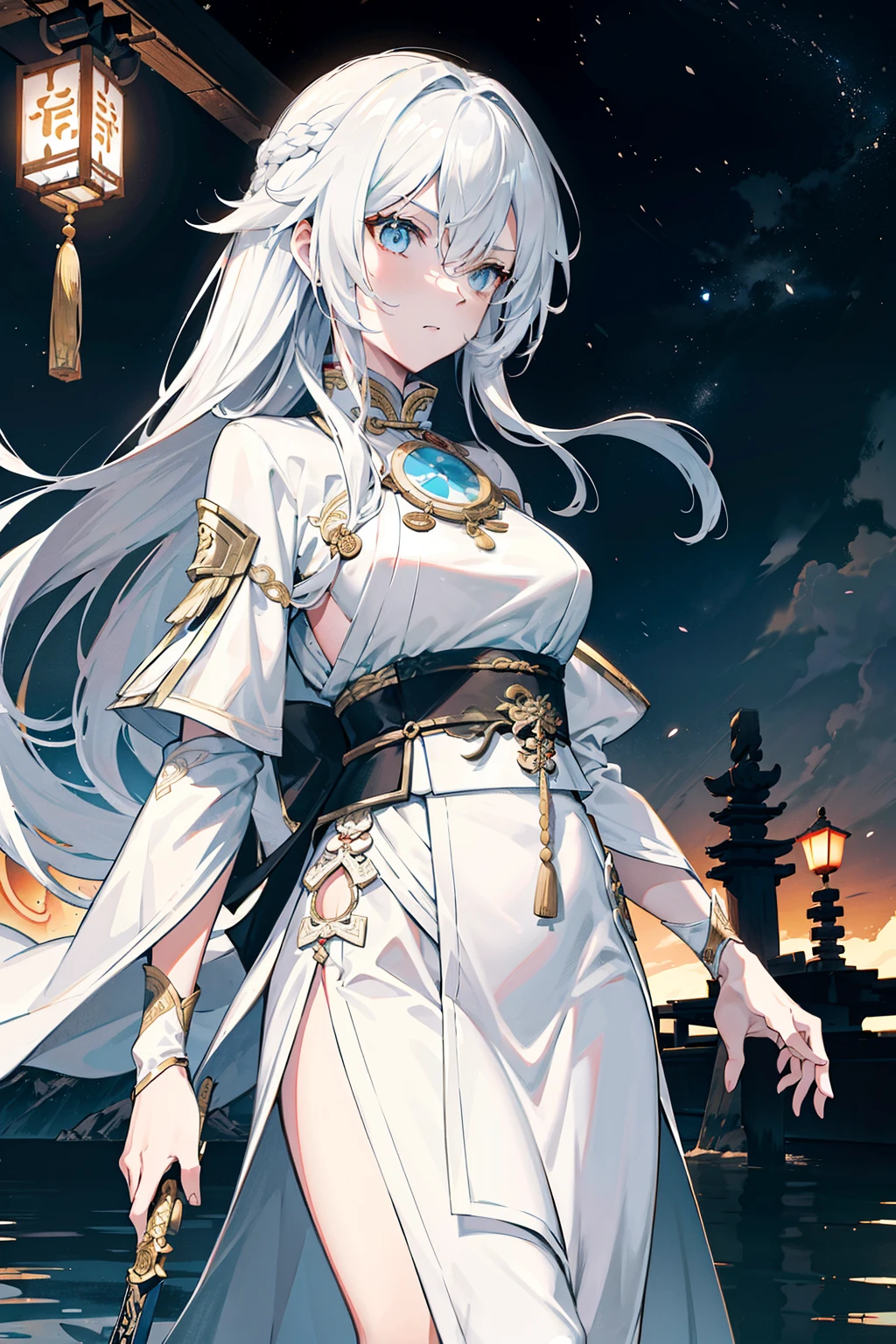 swordswoman with long messy tousled white hair, tall and mature, fierce and serene look, sheathed sword, wallpaper, zoomed out in a traditional white and light blue xianxia robe, standing on a wooden boat in the middle of a dark lake, ancient times, chinese theme with lanterns and a harbor in the background, detailed night sky