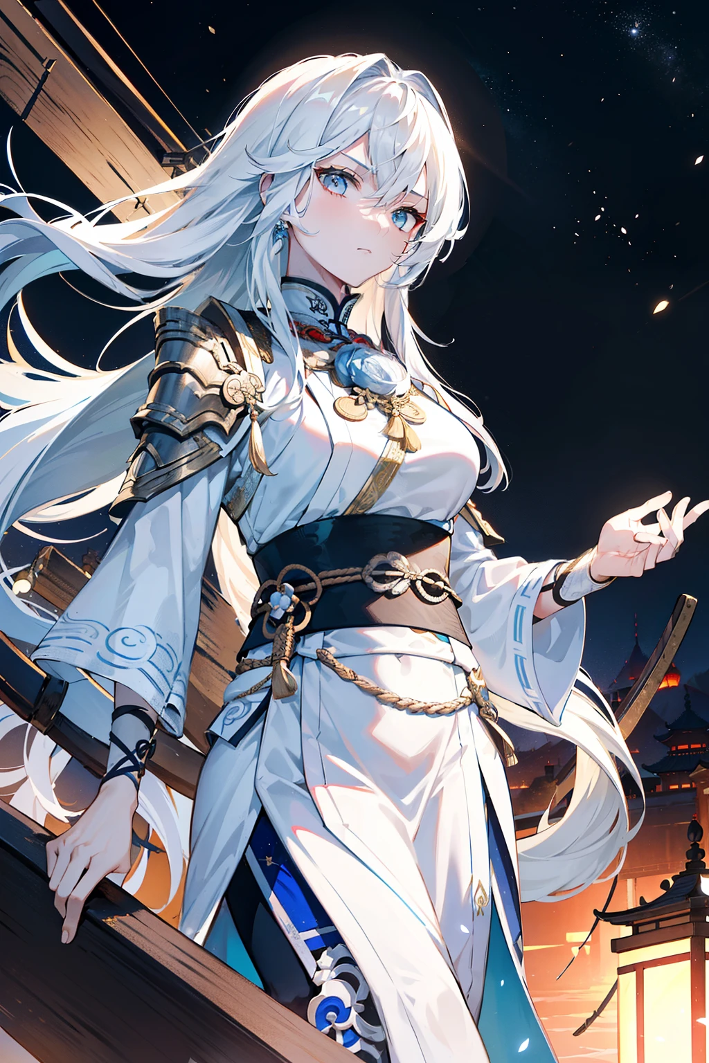 swordswoman with long messy tousled white hair, tall and mature, fierce and serene look, sheathed sword, wallpaper, zoomed out in a traditional white and light blue xianxia robe, standing on a wooden boat in the middle of a dark lake, ancient times, chinese theme with lanterns and a harbor in the background, detailed night sky