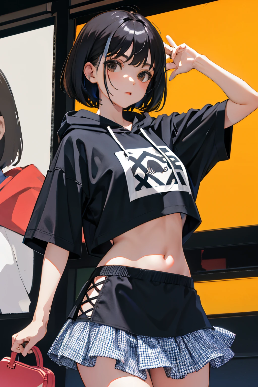 Dancing，(child)，（​masterpiece，Highest Quality），Crop Top Look，Short sleeve hoodie，(Gingham check miniskirt)，A dark-haired，intersection