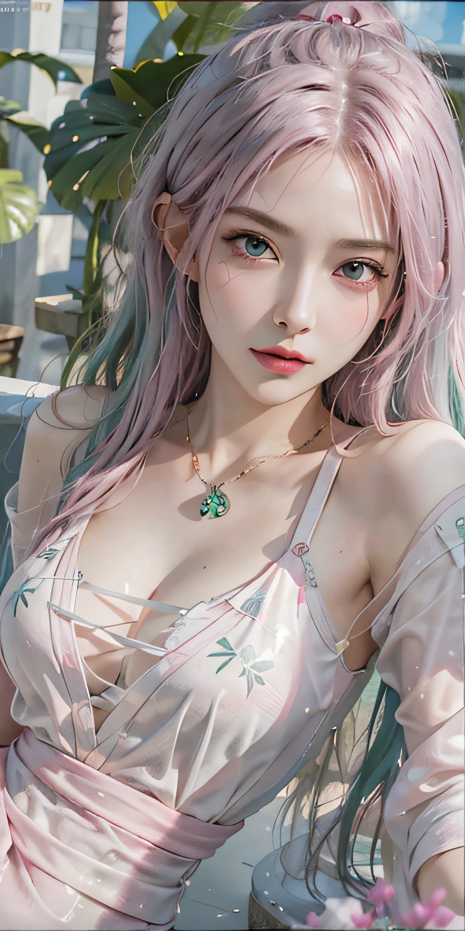 Photorealistic, high resolution, Soft light,1womanl, Solo, Hips up, (Detailed face), Nami \(One Piece\), tattoo, jewelry,Pink and green hair, Colored eyes, komono, Mitsu DS