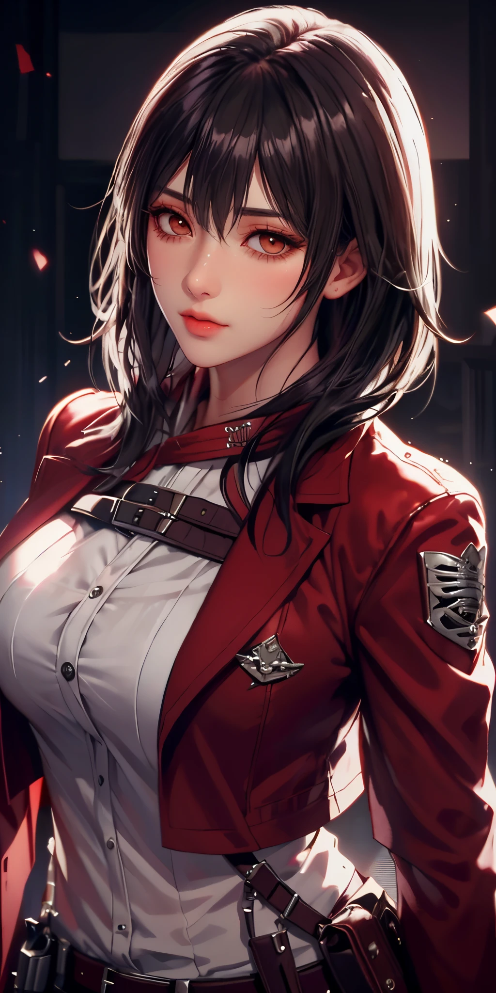 （（（planning_ackerman，through bangs, obi strip, belt buckle, 黑The eye, black hair color hair, Brown belt, Brown jacket, Buckle up, Formal shirts, hair between eye, jaket, longer sleeves, Medium hair, Open your clothes, Open jacket, uniform of heaven, red neckchief, 围巾, The shirt, ））），((tmasterpiece)),A high resolution, ((Best quality at best))，tmasterpiece，top-quality，Best quality，（（（ exquisite facial features，looking at viewert,There is light in the eyes，Smilingly，Self-confident ））），（（（Light and shadow interlace，huge boob））），（（（A closeup of a woman, gorgeous young korean woman, beautiful Korean women, beautiful young korean woman, Korean girls, young and cute girl, Beautiful Asian Girls, very attractive and beautiful, A beautiful young woman）））