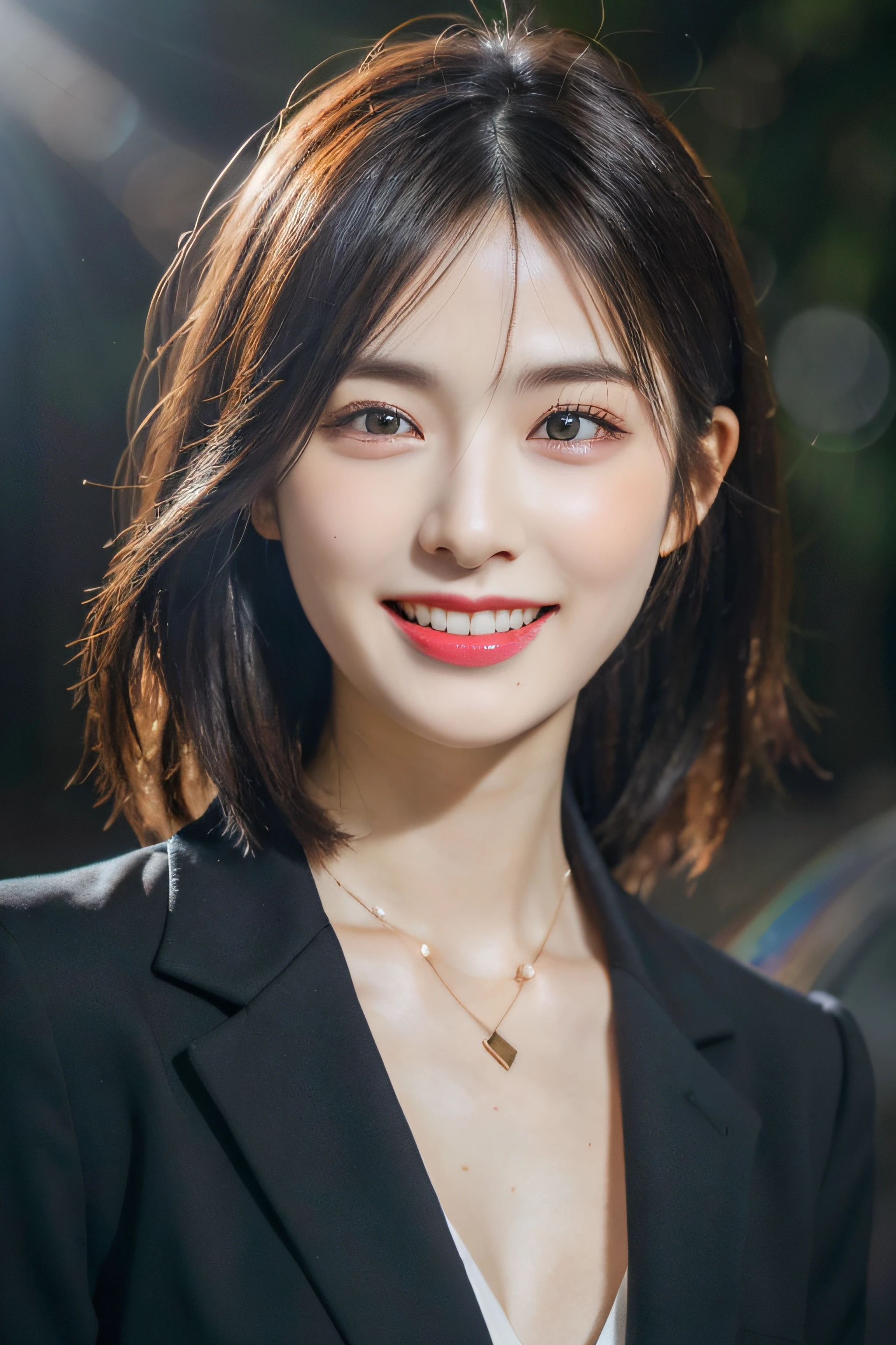 Dressed, (photographrealistic:1.4), (Hyper realistic:1.4), (Realistic:1.3), (Smoother lighting:1.05), (increase cinematic lighting quality:0.9), 32K, 1girl in,25-years old, Realistic lighting, Backlighting, Light on Face, raytrace, (Brightening light:1.2), (Increase quality:1.4), (Top quality real texture skins:1.4), finely detailed eyes, finerly detailed face, (tired and sleepy and joy:0), (Laugh:1.4), Black Suit,a necklace, (Increase body line mood:1.1), (Increase the beauty of skin texture:1.1)
