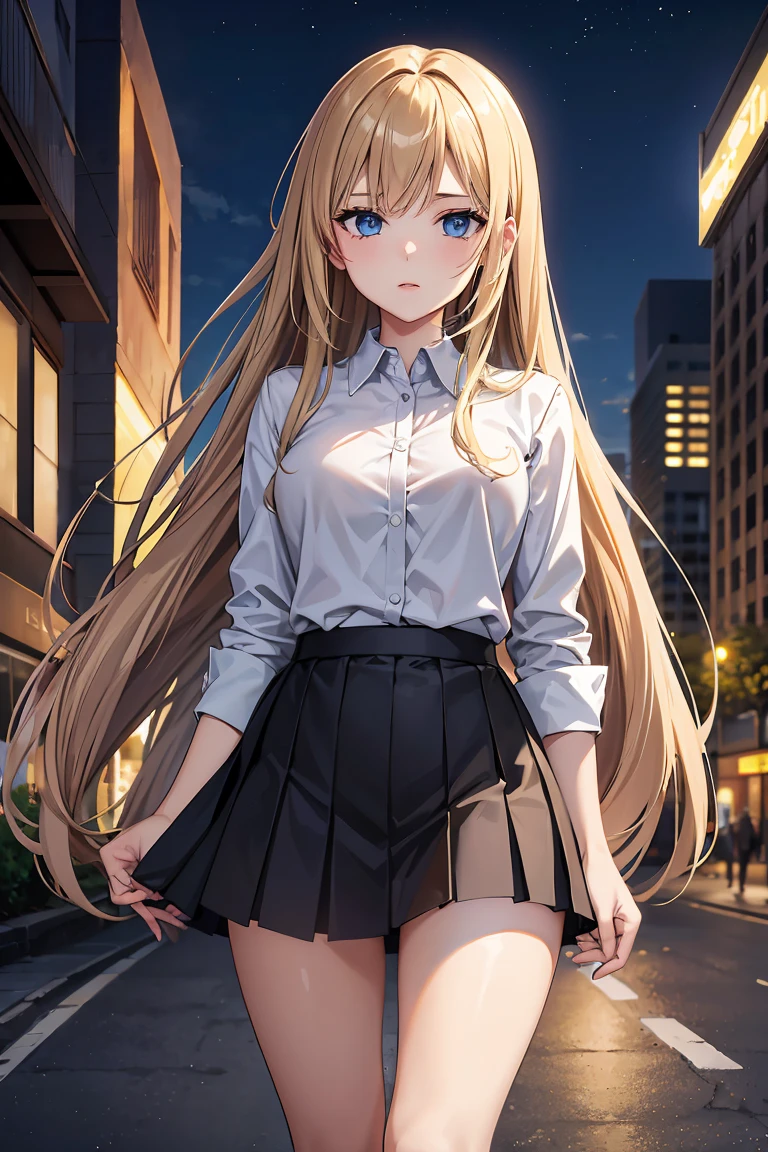 masterpiece:1.2, best quality, ((ultra detailed)), high resolution, 2d, anime style , photo, photography, detailed background, ((very long hair,bronde hair, straight hair,medium breasts)) BREAK solo,(droopy eyes:1.3),20 years old, (sexy girl,tall face, tall female)), ((blue eyes;1.2 )), BREAK cowboy shot,black shirt,button shirt,medium skirt,black skirt,walking BREAK night city,street,city light,