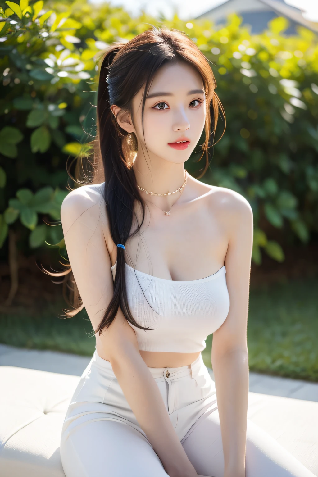 best qualityer，tmasterpiece，A high resolution，1个Giant Breast Girl，pony tails，Porcelain skirt，hair adornments，choker necklace，jewely，beautiful  face，physics，Tyndall effect，hentail realism，dark studio，edge lit，twotonelighting，（highdetailskin：1.2 ）、8k UHD、Slr、softlighting、high high quality、volumettic light、Voyeur、photore、A high resolution、4K、8K、bokeh、huge tit、full bodyesbian、long leges、high-heels、white leggings、Trim your face，snowfield，snow landscape，Skysky