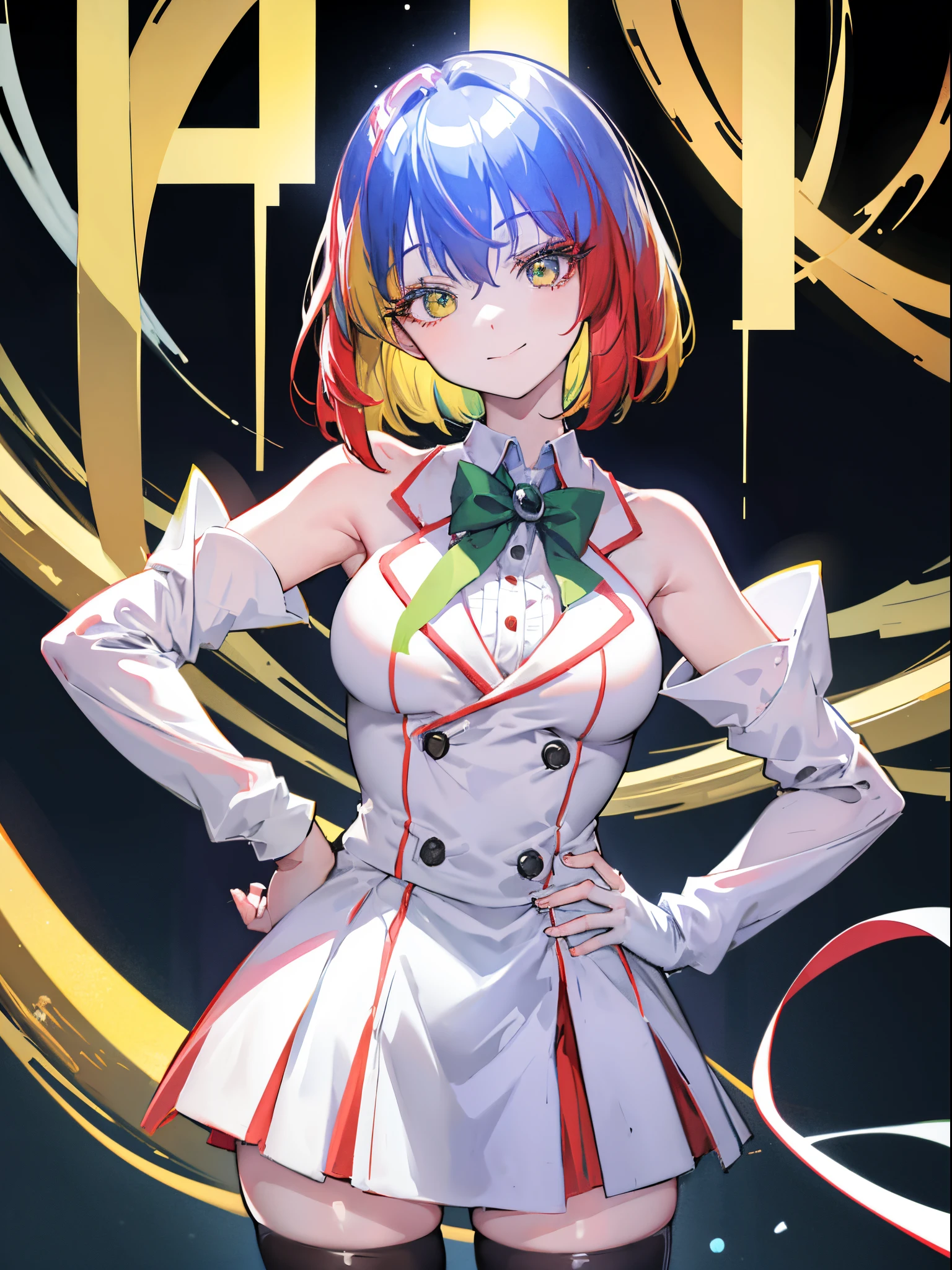 Chrome-chan, 1girl, looking at viewer, smile, simple background, white background, closed mouth, standing, full body, hand on hip, short_hair, upper_body, deep eyes, sweater, skirt, multicolored_eyes, large_breasts, red_eyes, green_eyes, yellow_eyes