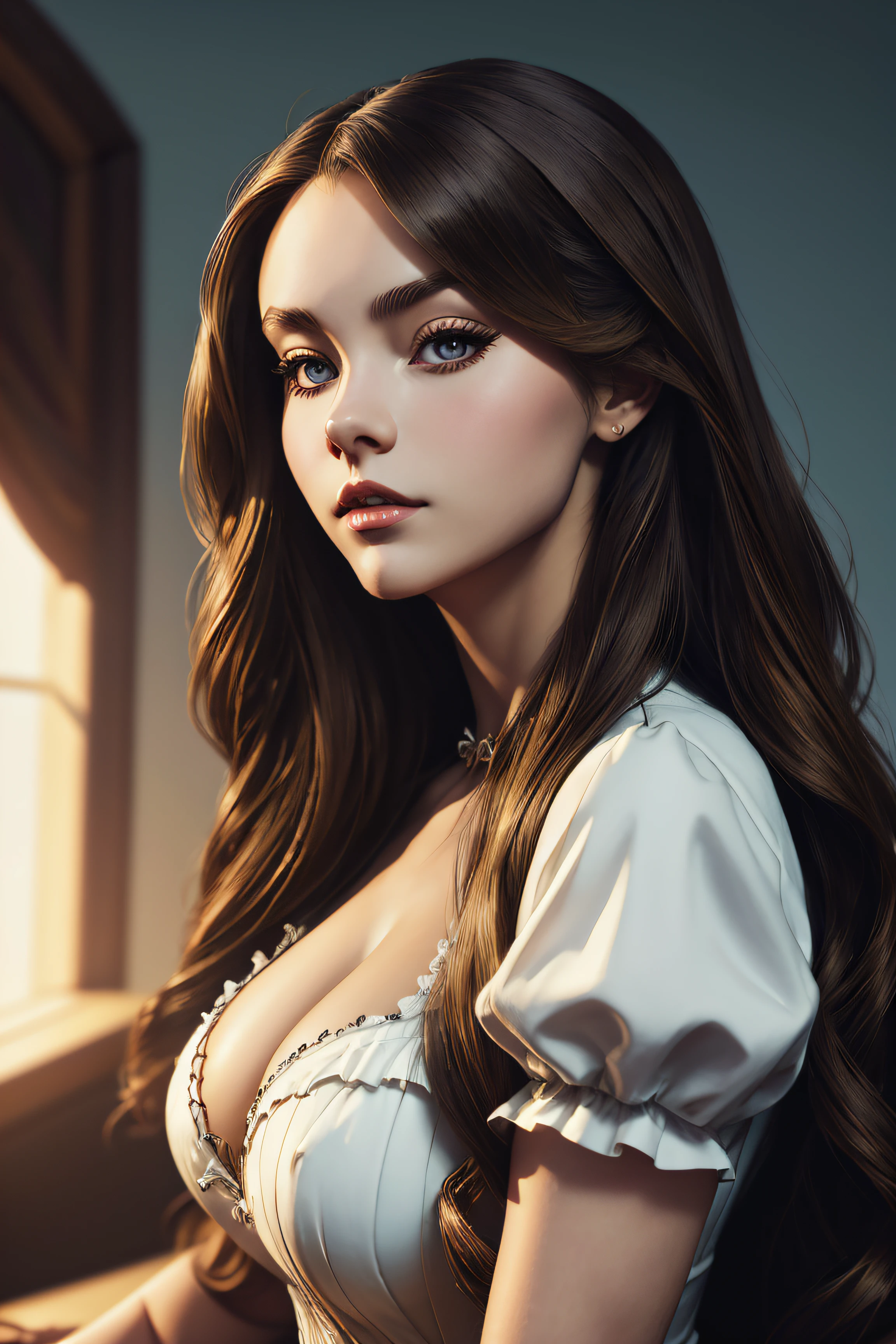 Adison Justis, french maid sexy clothes, character portrait, 4 9 9 0 s, long hair, intricate, elegant, highly detailed, digital painting, artstation, concept art, smooth, sharp focus, illustration, art by wlop, charlie bowater and alexandra fomina