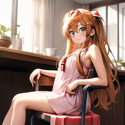 masterpiece, best quality, masterpiece, asuka langley sitting cross legged on a chair