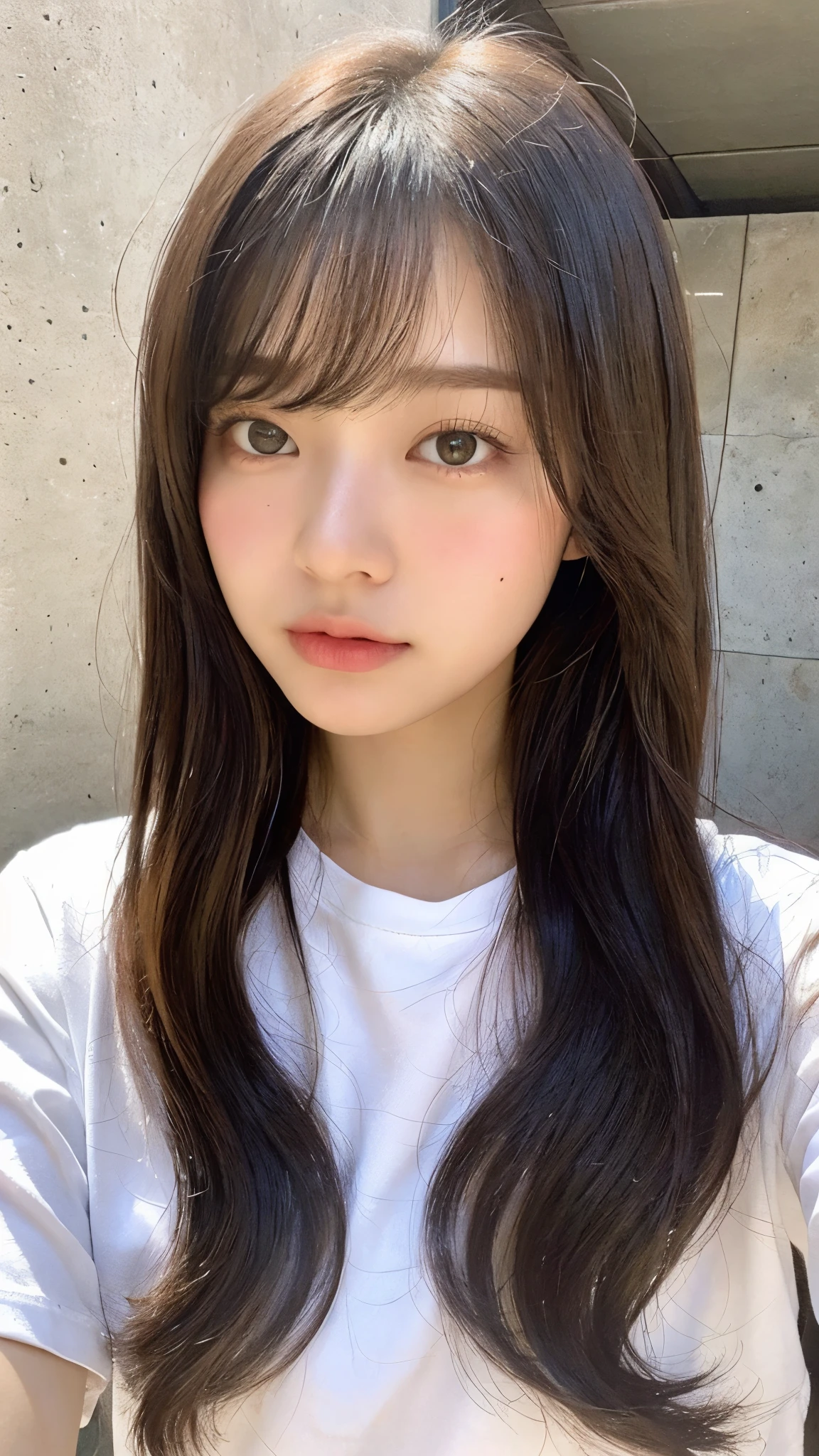 (top-quality、16K resolution)女の子1人、独奏、natural soft light、small tits、A Japanese Lady、Looking at the camera、white t-shirts、Concrete background、Facing the front、is standing、bobhair、Woman in her late teens、Light bangs、short-hair、Salon model、Natural look、portlate、floated hair、Rolled hair