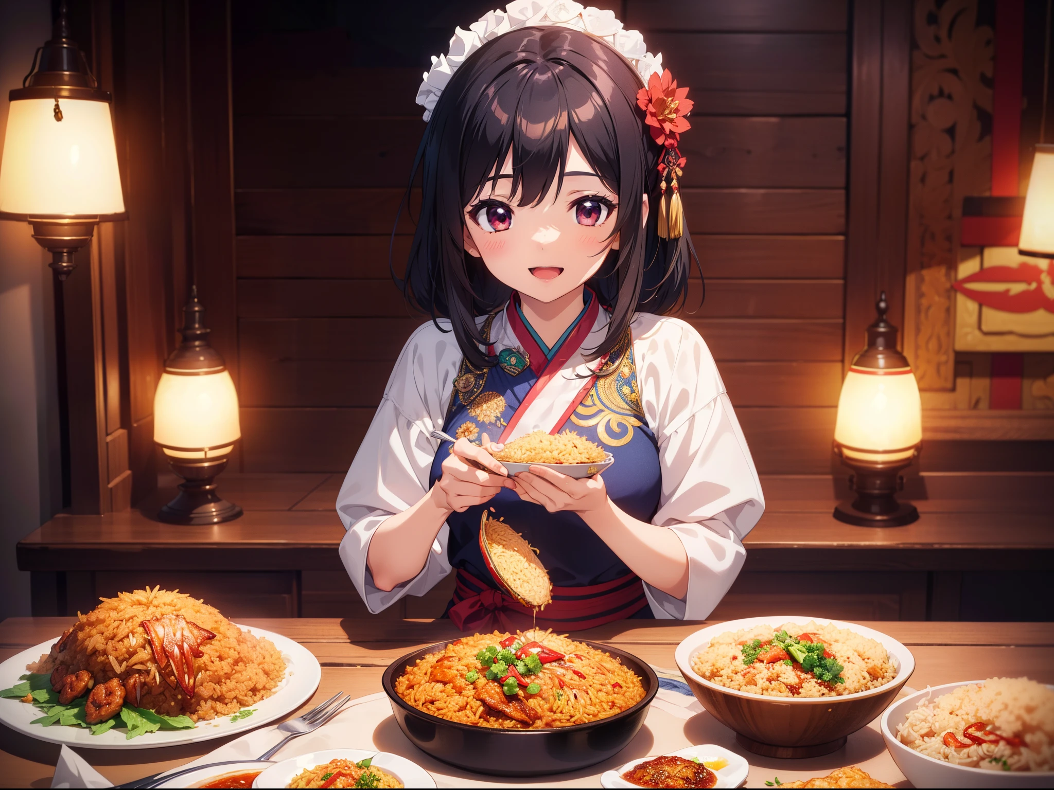 1 cute girl, ( Malaysian traditional costume) ,eating Nasi Goreng , (from above:0.8), character focus, cinematic lighting, smile,open mouth , high resolution,(incredibly absurdres) ,extremely detailed CG unity 8k wallpaper, ((masterpiece)), ((top-quality)), (beautiful illustration,background Tento), ((an extremely delicate and beautiful))