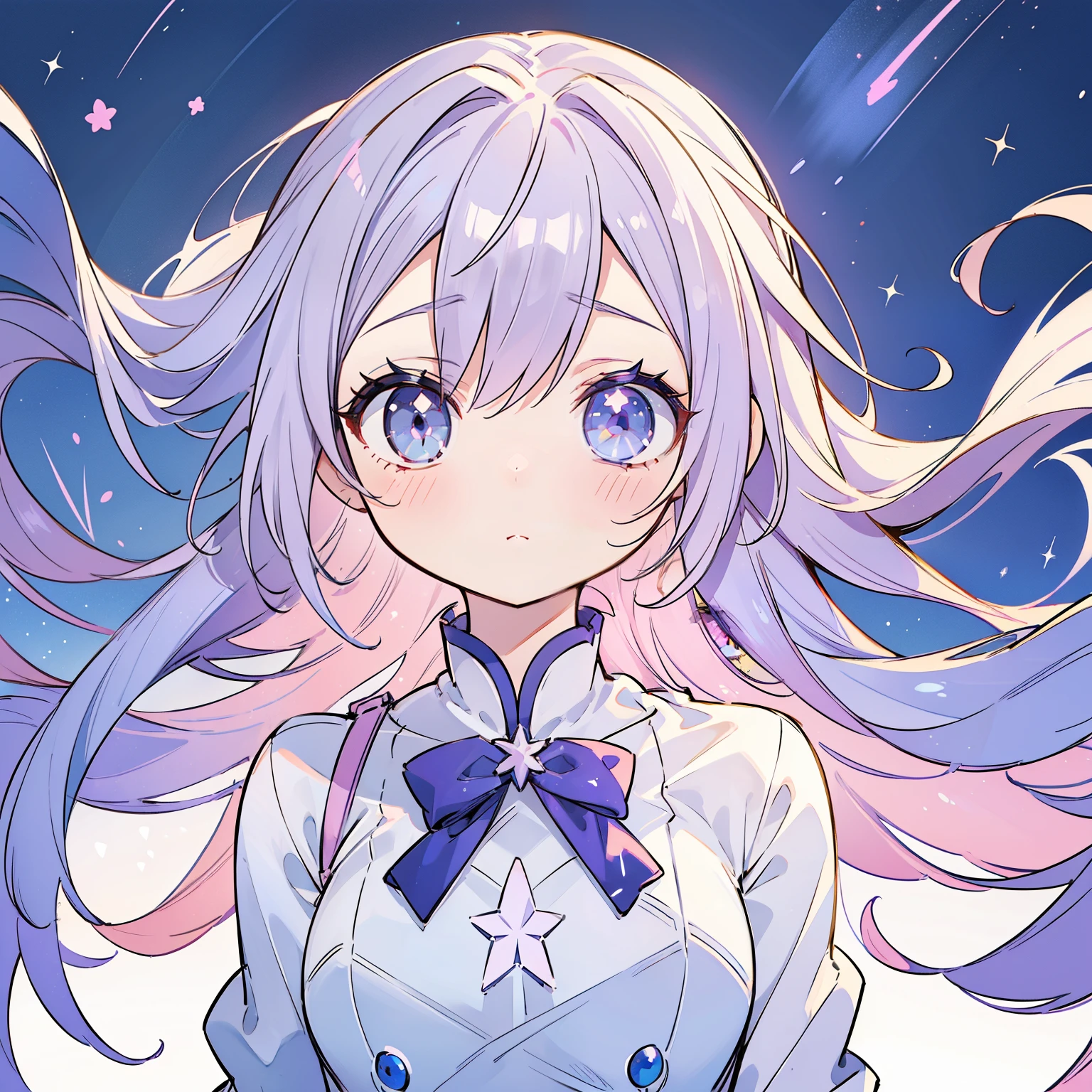 ((masutepiece,Best Quality)),(negative space:1.4),(1girl in, Solo:1.4),Beautiful detailed eyes,Floating pastel pink and lavender hair, Lavender eyes, At night, Starry sky, Shining stars