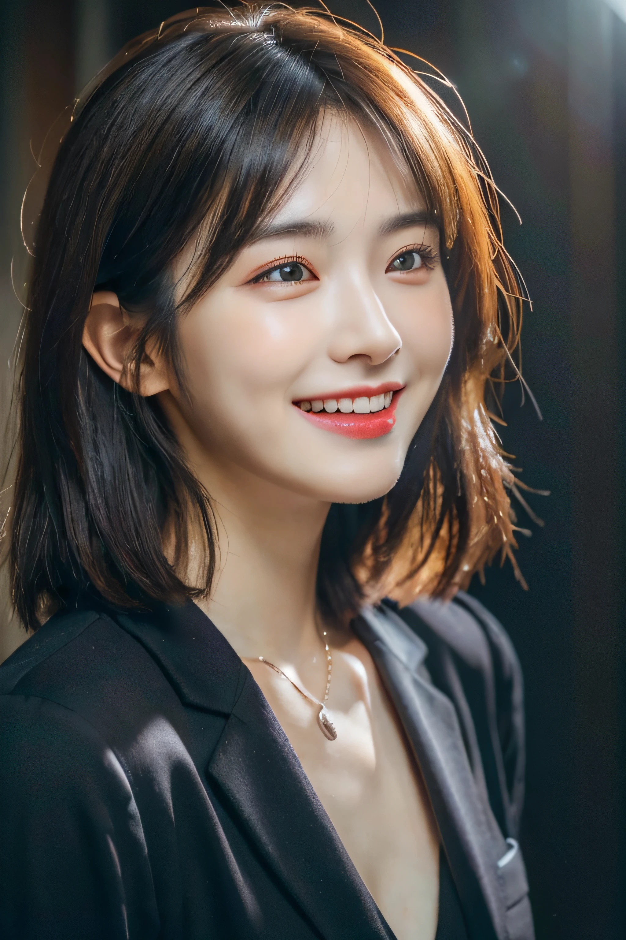 Dressed, (photographrealistic:1.4), (Hyper realistic:1.4), (Realistic:1.3), (Smoother lighting:1.05), (increase cinematic lighting quality:0.9), 32K, 1girl in,25-years old, Realistic lighting, Backlighting, Light on Face, raytrace, (Brightening light:1.2), (Increase quality:1.4), (Top quality real texture skins:1.4), finely detailed eyes, finerly detailed face, (tired and sleepy and joy:0), (Laugh:1.4), Black Suit,a necklace, (Increase body line mood:1.1), (Increase the beauty of skin texture:1.1)