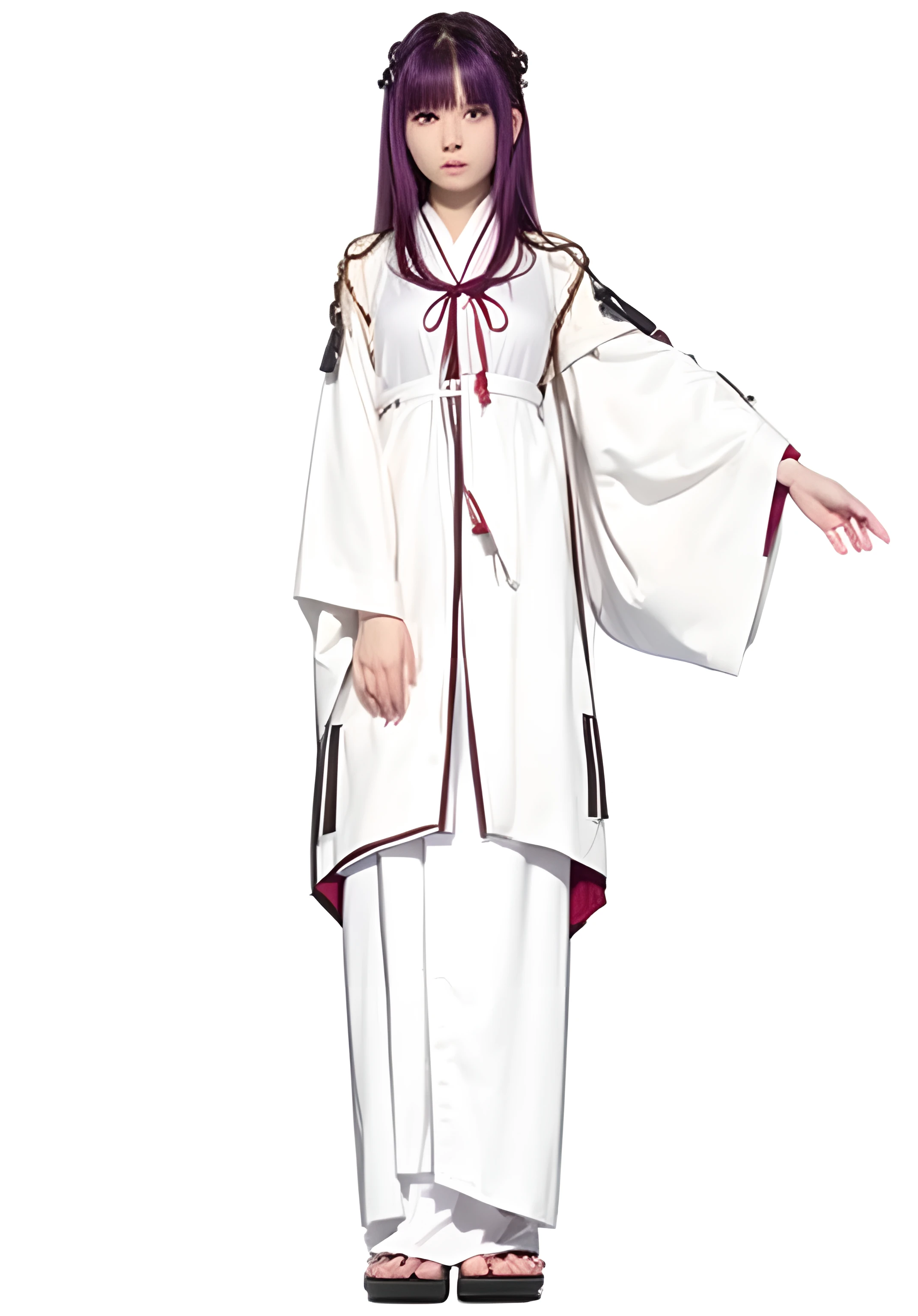 girl in a white kimono and a red shoelace tie, golden eyes, long dark purple hair which is tied loosely and also has some distinctive horn-like locks, ((wearing aristocrat robe)), full body white purple cloak, flowing white robes