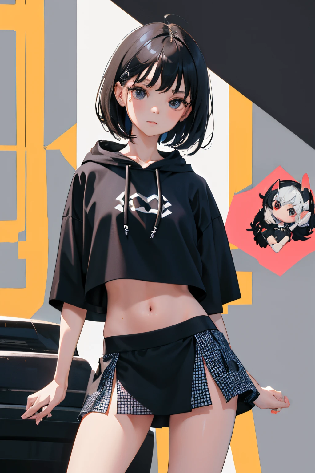 ()，（​masterpiece，Highest Quality），Crop Top Look，Short sleeve hoodie，(Black mini skirt with gingham check)，A dark-haired