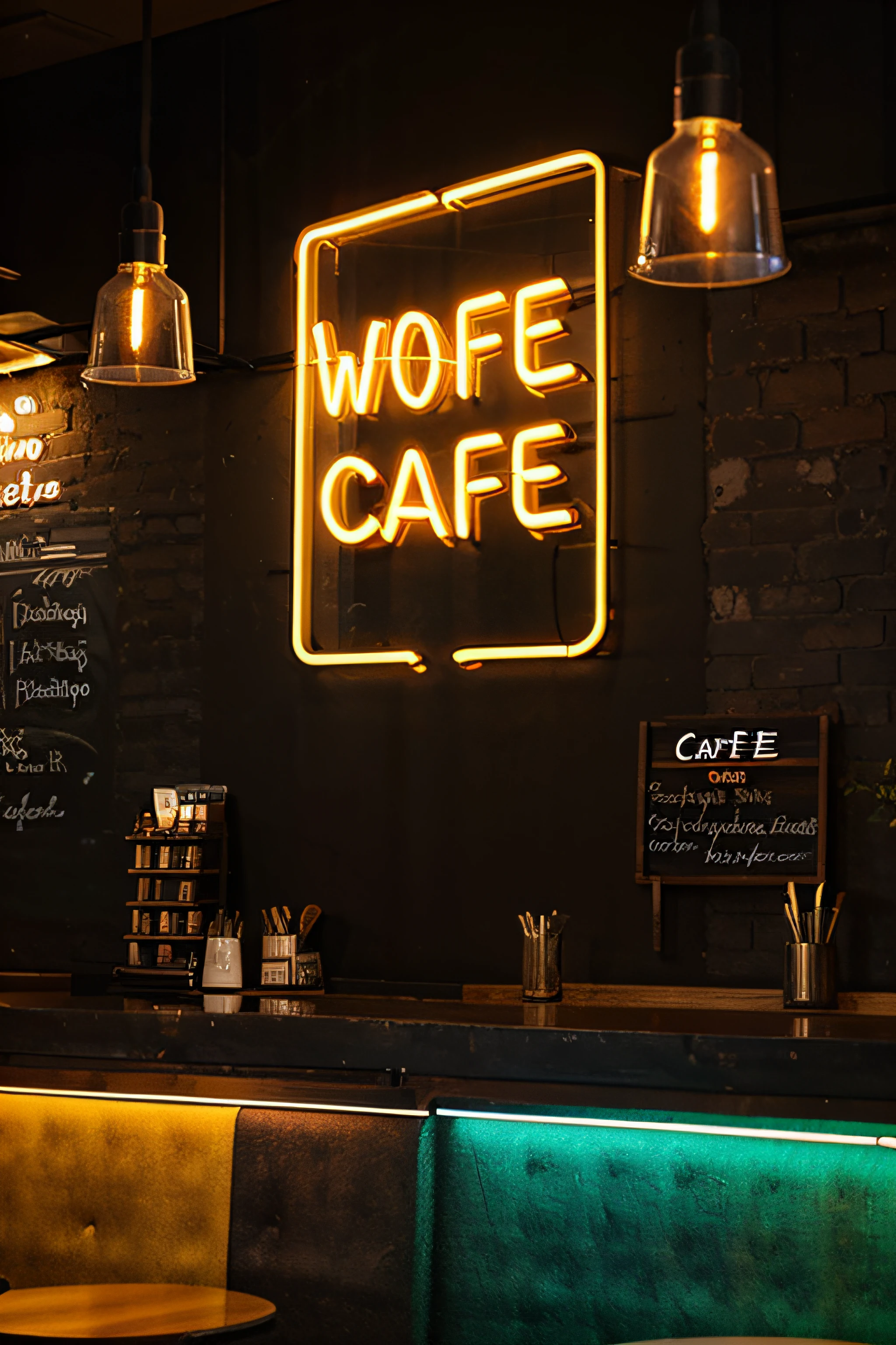 neon sign with a wall as the background set in a cafe without the word cafe