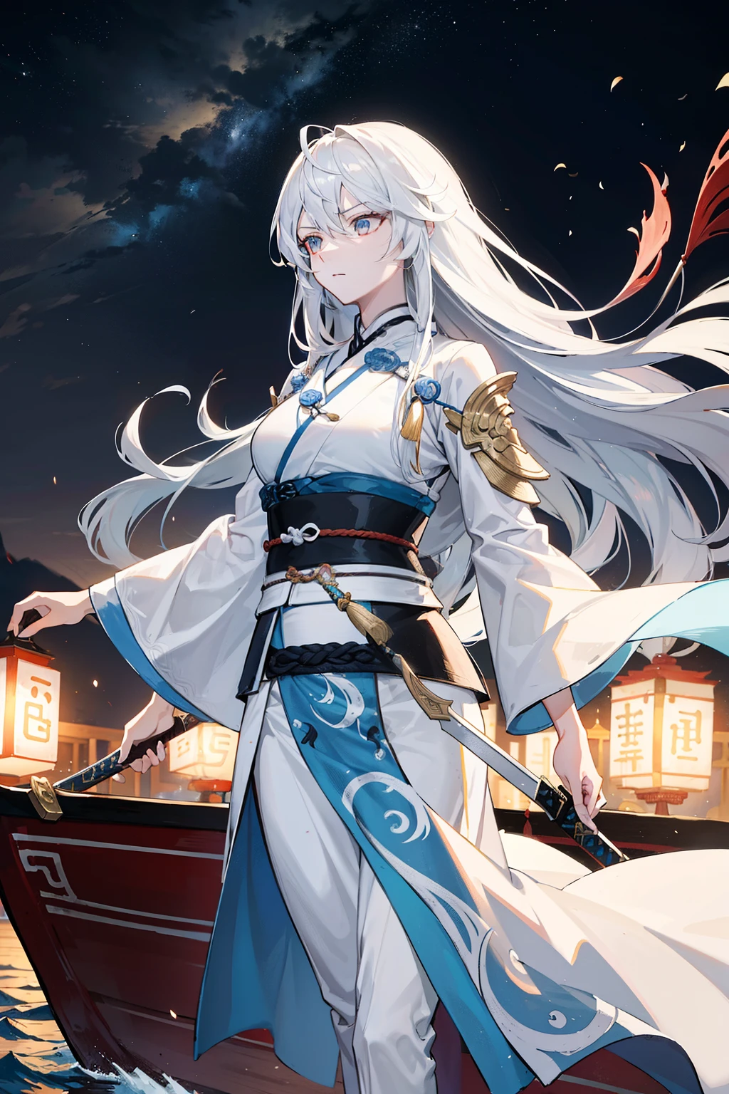 swordswoman with long messy tousled white hair, tall and mature, fierce and serene look, sheathed sword, wallpaper, zoomed out in a traditional white and light blue xianxia robe, standing on a wooden boat in the middle of a dark lake, ancient times, good hands, good anatomy chinese theme with lanterns and a harbor in the background, detailed night sky