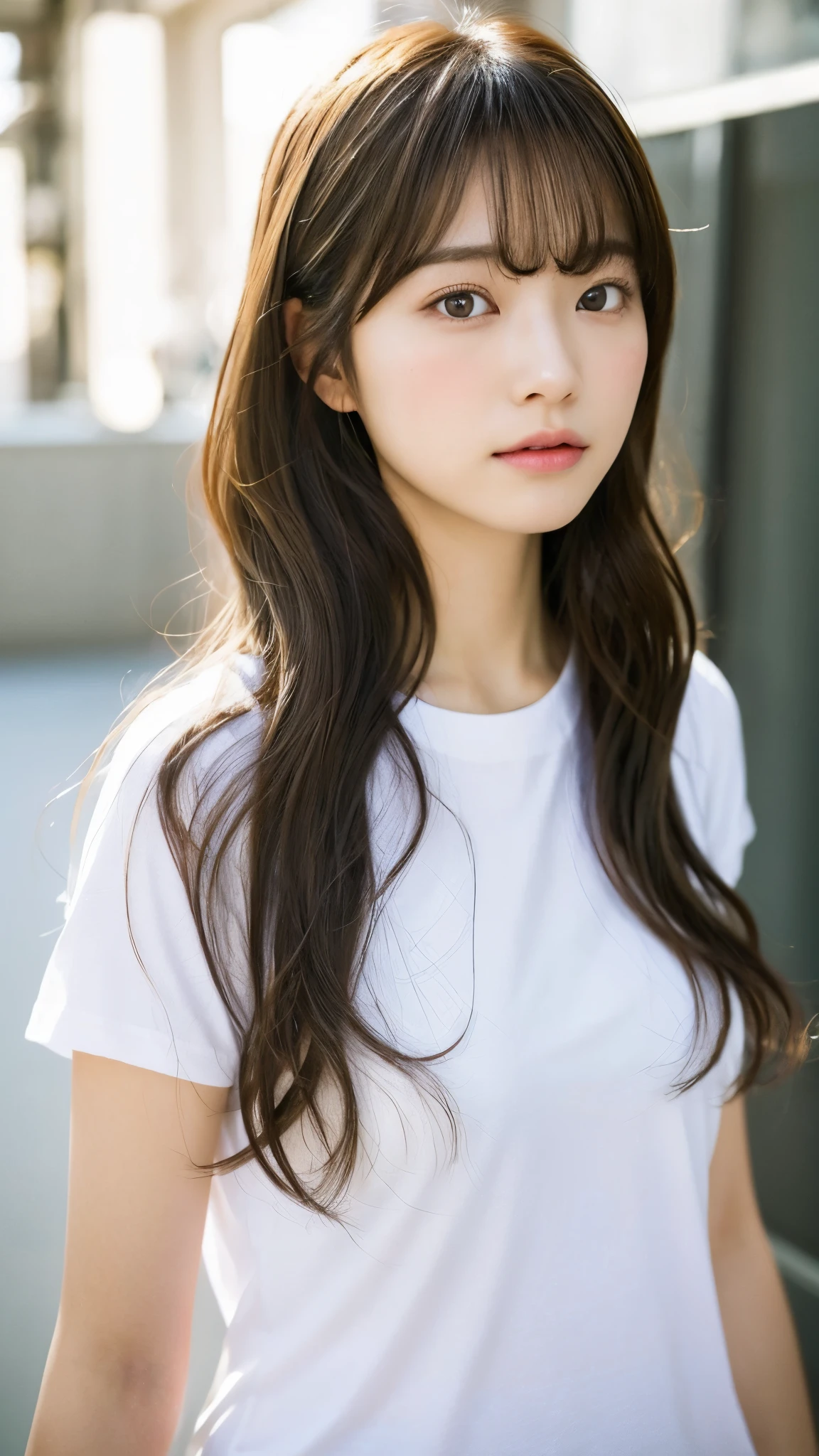 (top-quality、16K resolution)女の子1人、独奏、natural soft light、small tits、A Japanese Lady、Looking at the camera、white t-shirts、Concrete background、Facing the front、is standing、bobhair、Woman in her late teens、Light bangs、short-hair、Salon model、Natural look、portlate、floated hair、Rolled hair