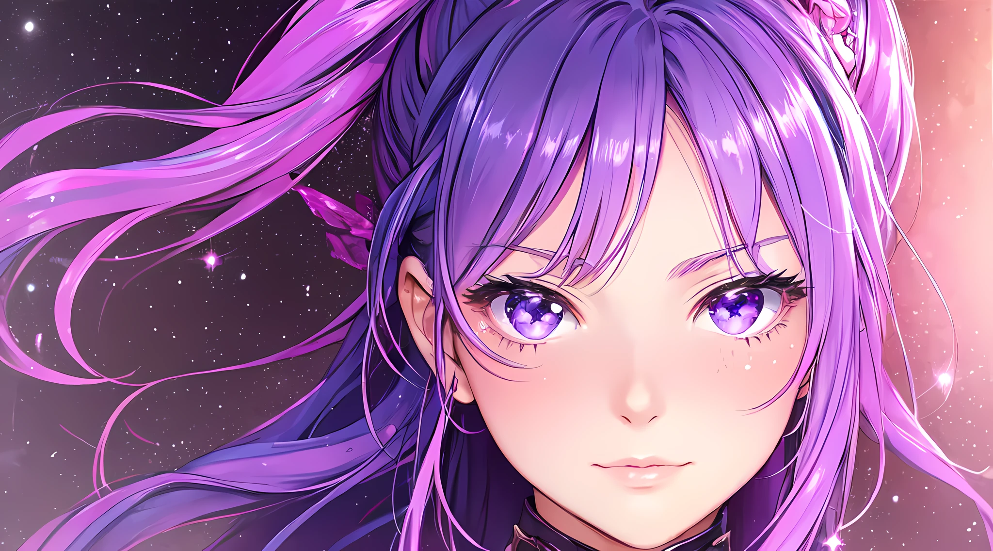 best quality,ultra-detailed,realistic,lovely face,ponytail,purple,stars,nebula,cheeky look,starry eyes,blush cheeks,portrait,painting,soft colors,subtle lighting