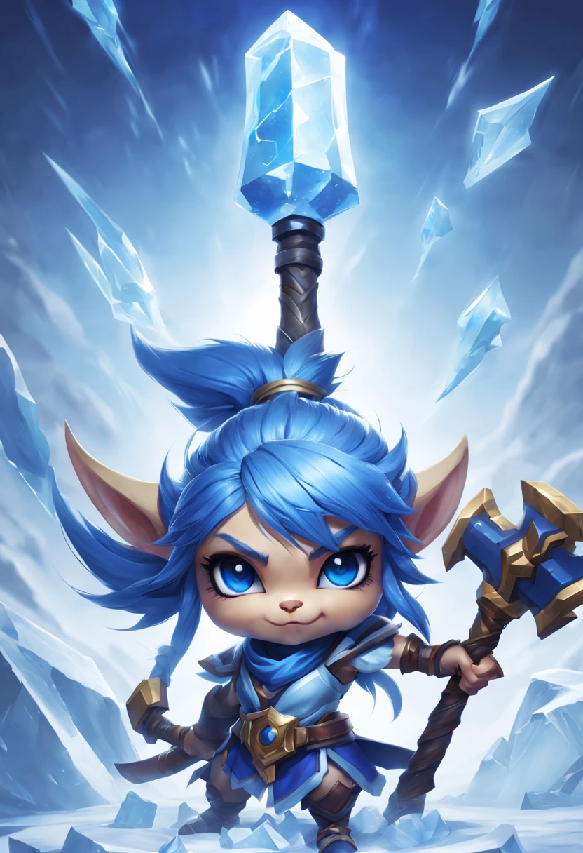 determined,Lightning surrounds,female yordle,Blue double ponytail,With the legendary ice hammer,The handle of the hammer stands taller than her,holding ice shield。white backgrounid,