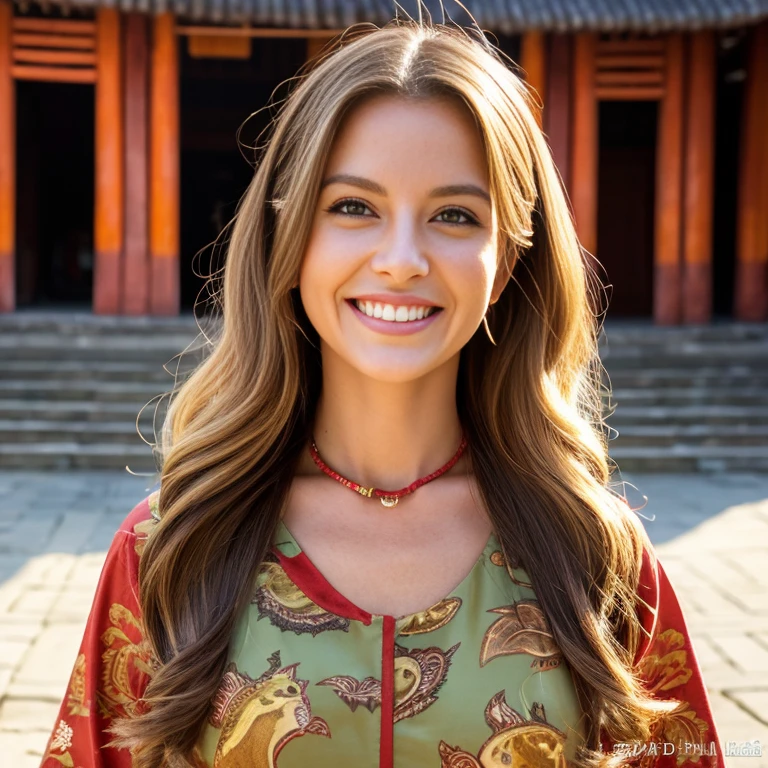1 femme, big smile, big teeths, white teeths, Long Wavy Hair, hair in style of light brown and light amber, dark brown eyes, zoom out, from the top, 80 DD cup tits, red linen dress, with a neckles around the waist, realistic, realistic background, distance from camera, full body, temple, Bali, villa, big house around, [[8K]], [[great quality]], [[realistic]], animals around, animals, petting animals