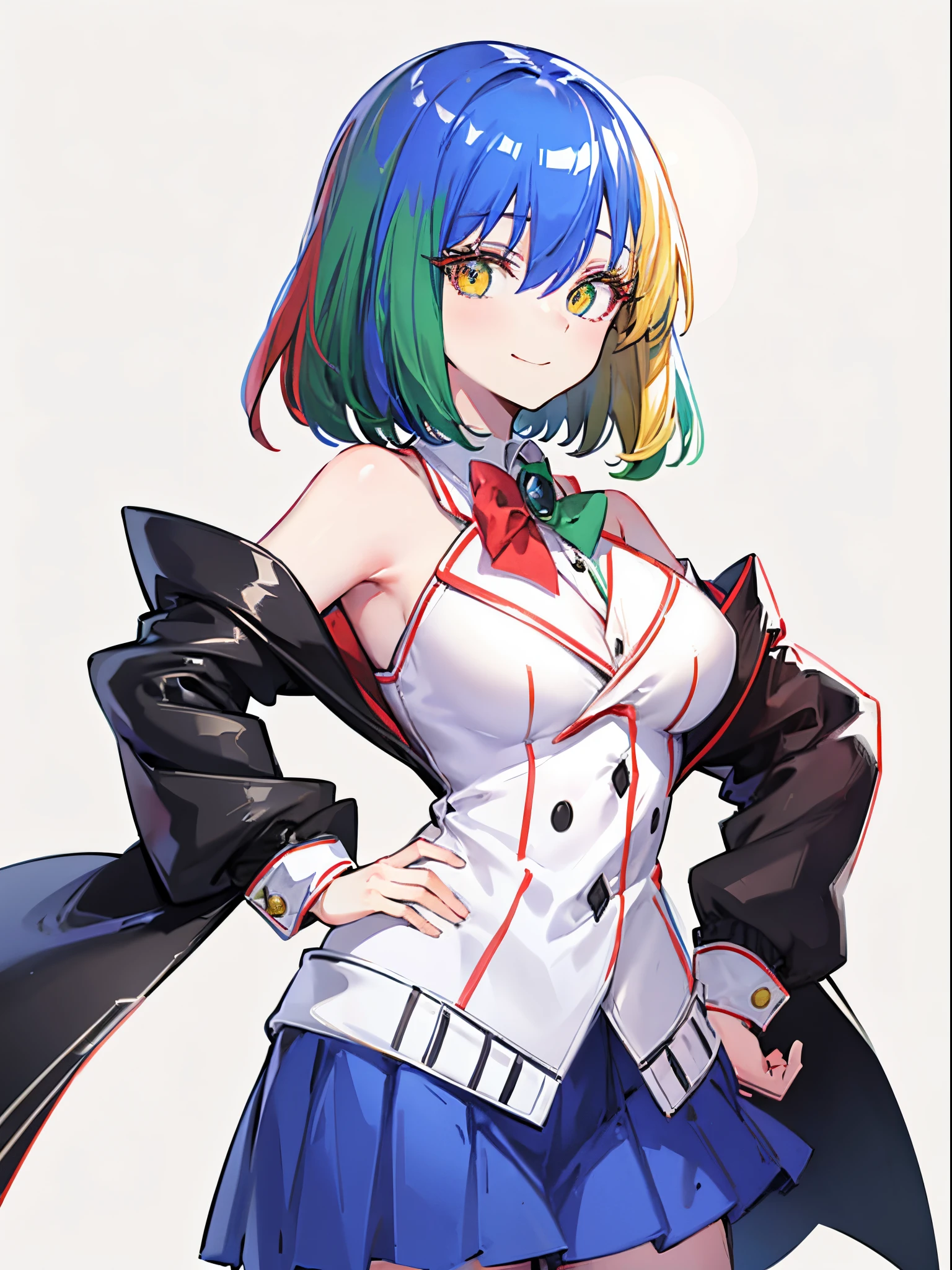 Chrome-chan, 1girl, looking at viewer, smile, simple background, white background, closed mouth, standing, full body, hand on hip, short_hair, upper_body, deep eyes, sweater, skirt, multicolored_eyes, large_breasts, red_eyes, green_eyes, yellow_eyes